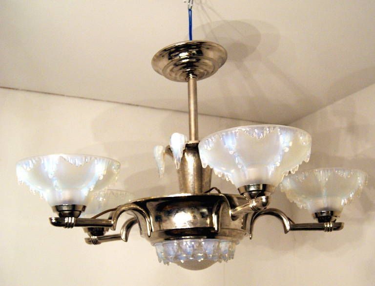 Elegant Art Deco French Chandelier White Frosted Glass France Made C. 1930 photo Lighting