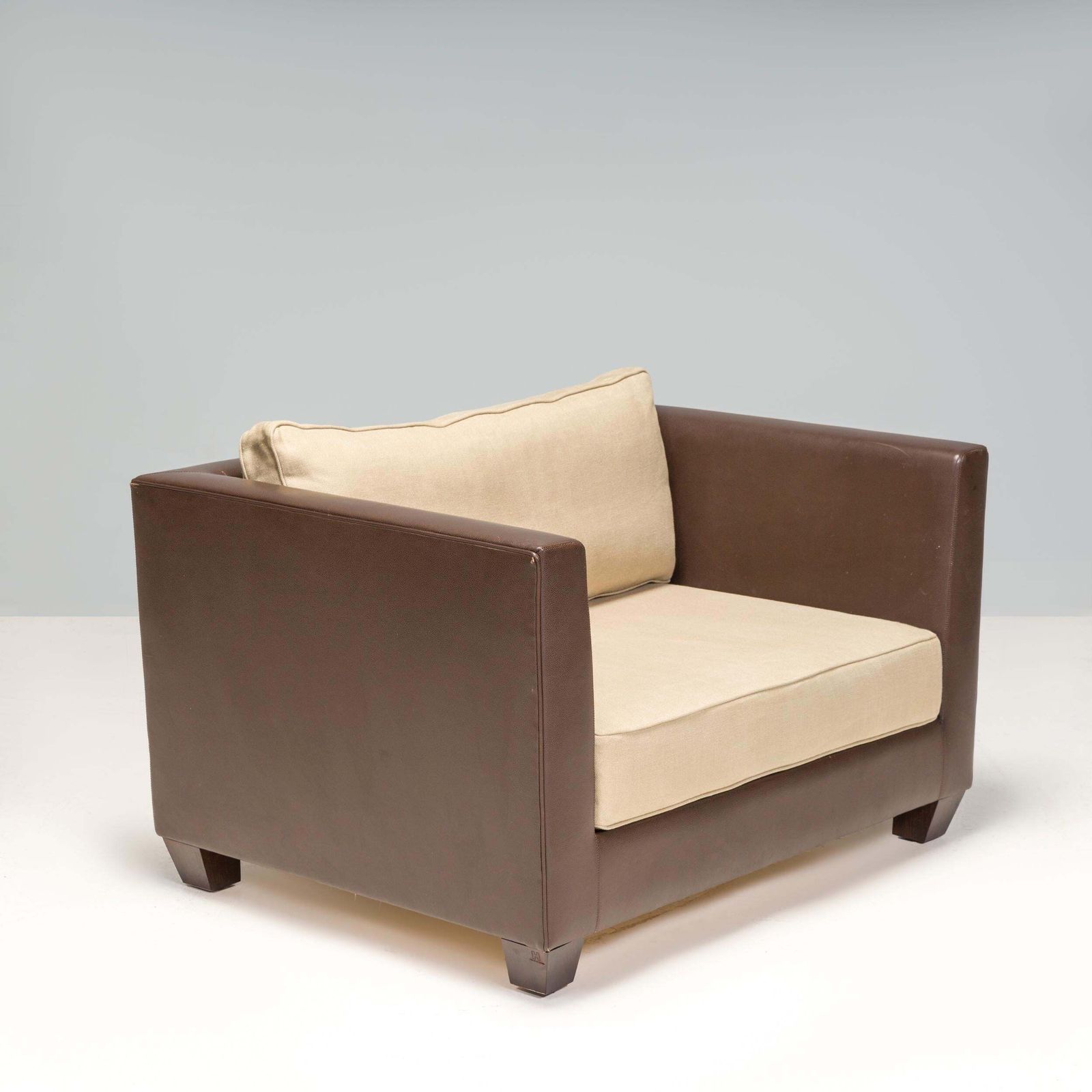 Philippe Hurel Brown Leather & Fabric Loveseat Sofa photo furniture