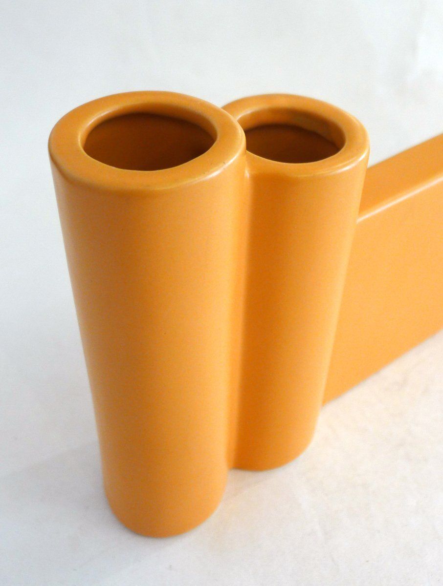 Postmodern Sculptural Triple Elongated Vase In Matt Orange Earthenware, 1980s photo vinterior