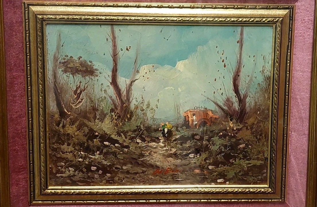 Oil Painting On Faesite Landscape Signed "De Boni" 60s Frame photo vintage