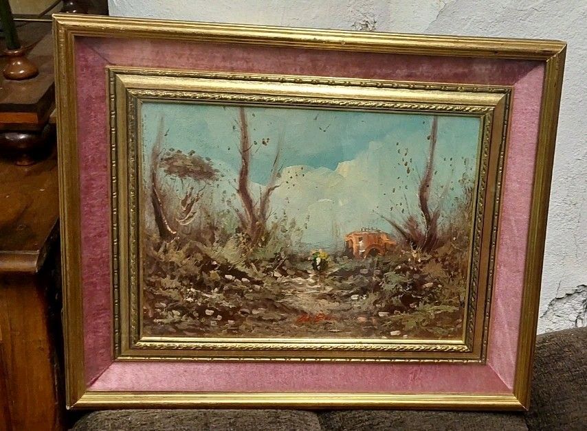 photo furniture Oil Painting On Faesite Landscape Signed "De Boni" 60s Frame