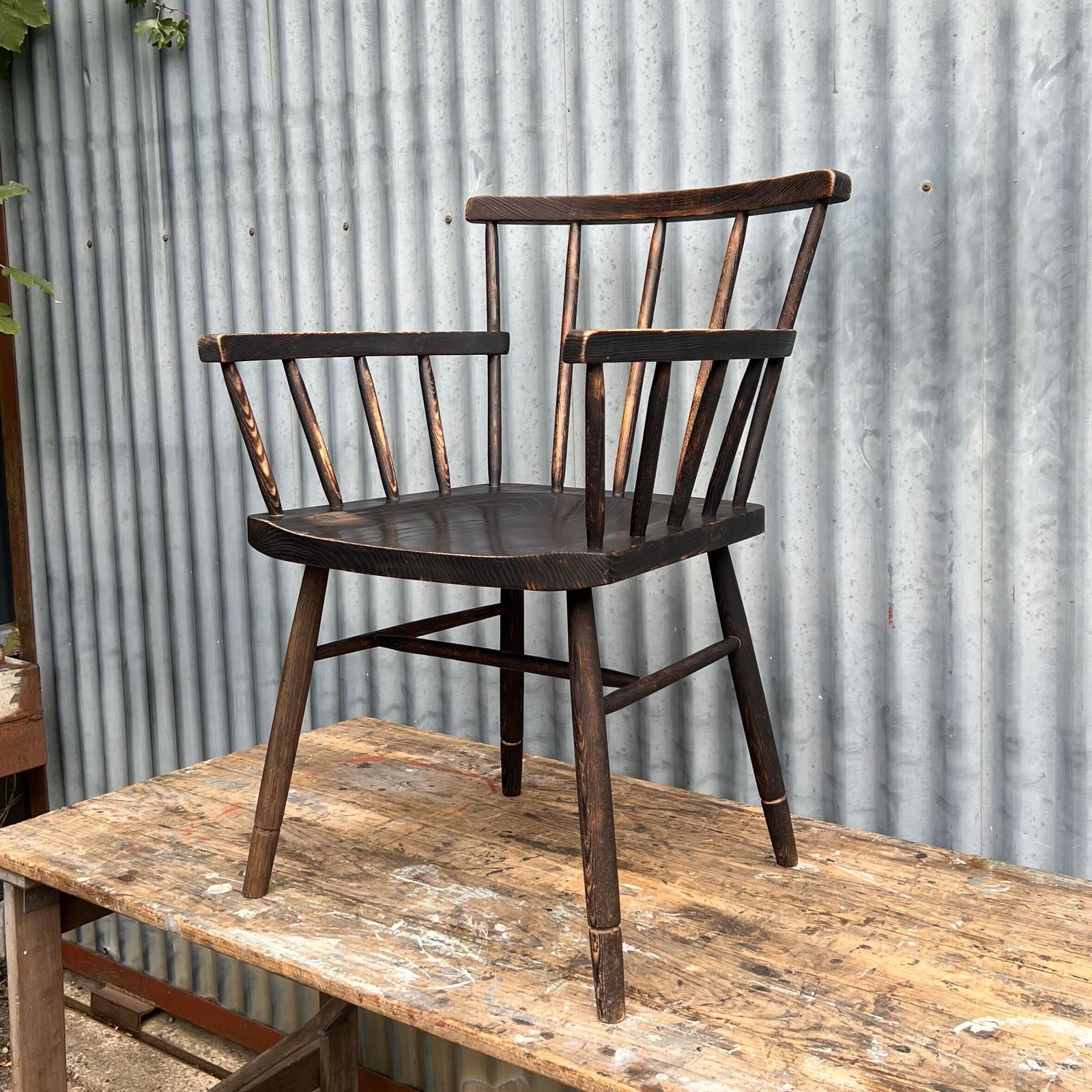 Primitive Windsor Stick Style Ebonised Arm Chair photo vinterior