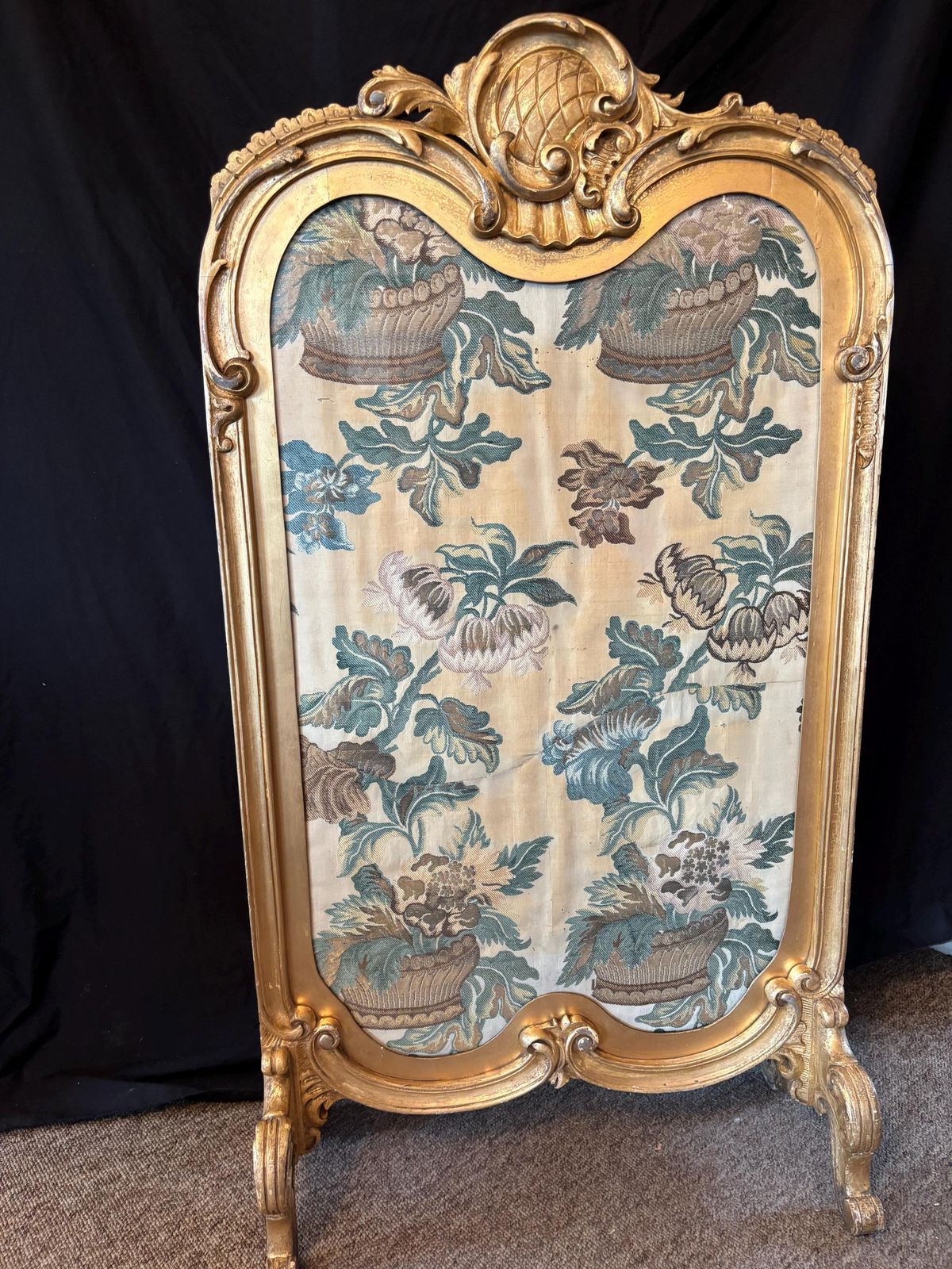 Antique French Georgian Period Tapestry Large Gilt Gesso Rocco Fire Screen Stand photo for sale