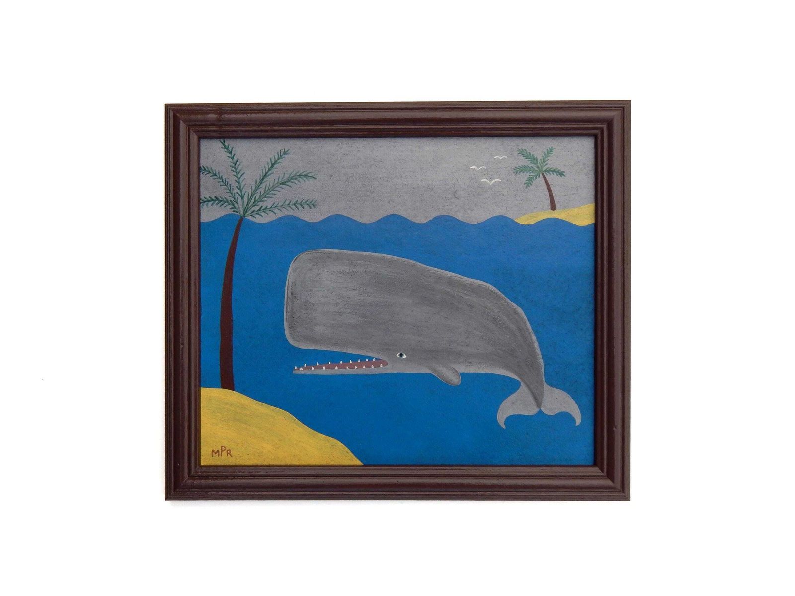 Naive Nautical Painting Of A Sperm Whale Folk Art In Hand Painted Frame photo 375.0