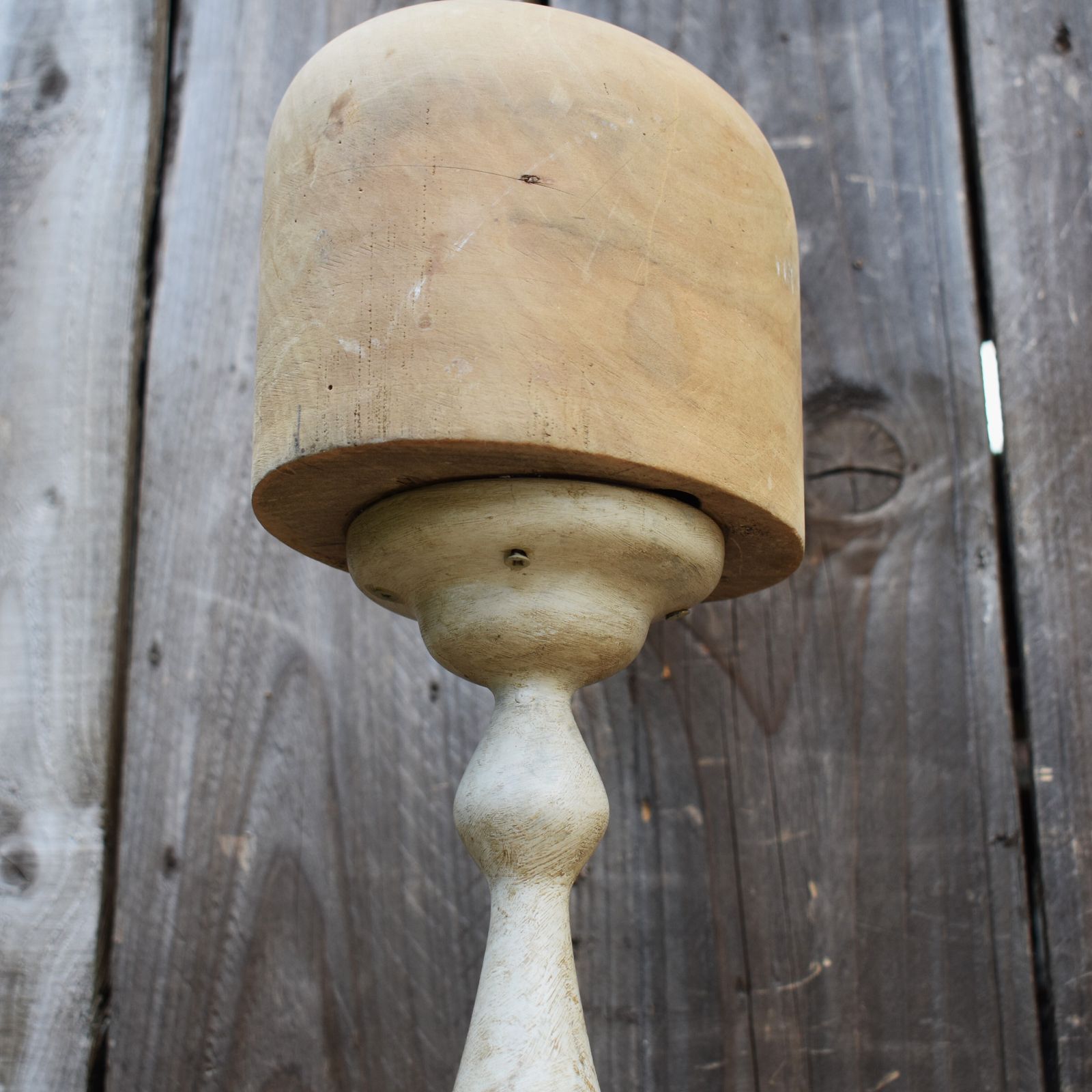 Antique Milliners Hat Mould Block Haberdashery Beige Painted Wig Display Stand photo for sale