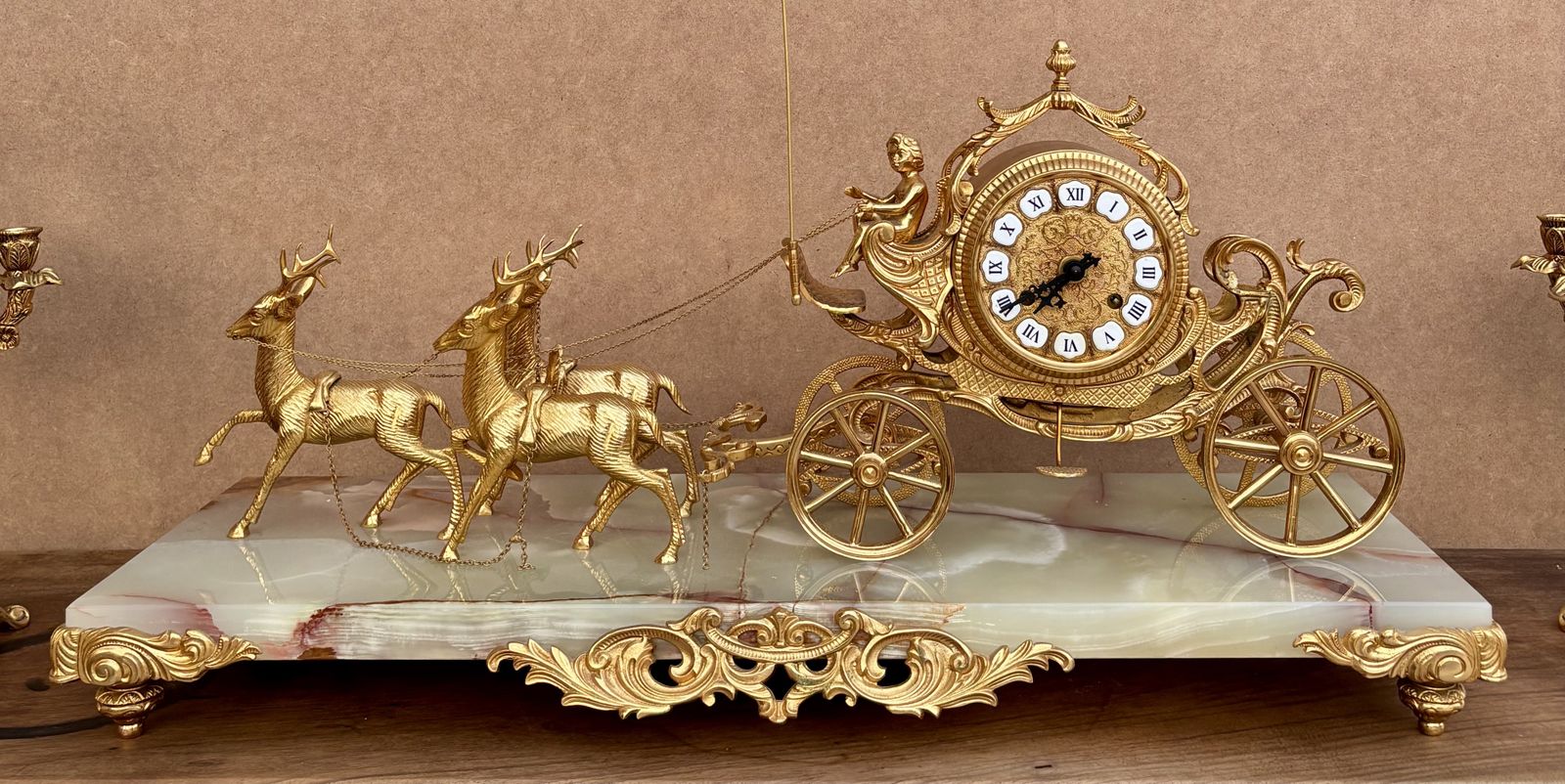 Early 20th Century Set Of Carriage Clock With Deer And Candlesticks In Gilt Bronze On A Marble Base photo furniture