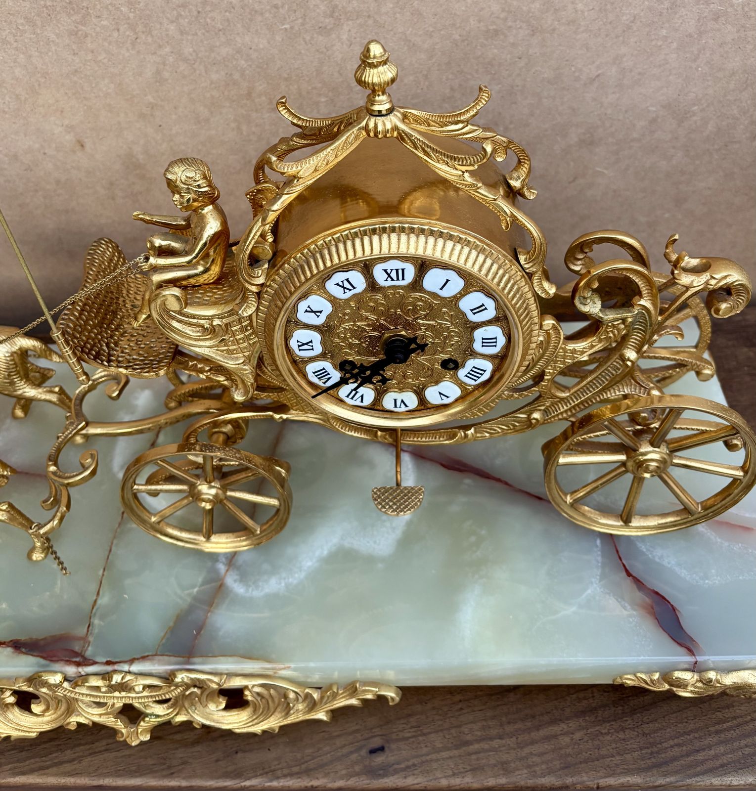 Home Decor Early 20th Century Set Of Carriage Clock With Deer And Candlesticks In Gilt Bronze On A Marble Base photo
