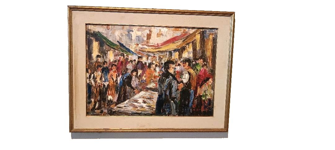 Oil Painting On Canvas "Fish Market" 70s Canvas 70x50 Cm Signed photo Art