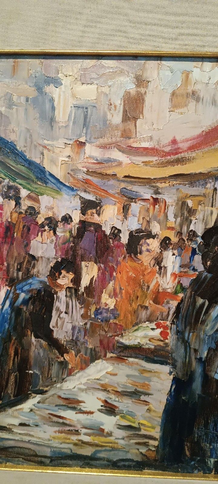 photo furniture Oil Painting On Canvas "Fish Market" 70s Canvas 70x50 Cm Signed