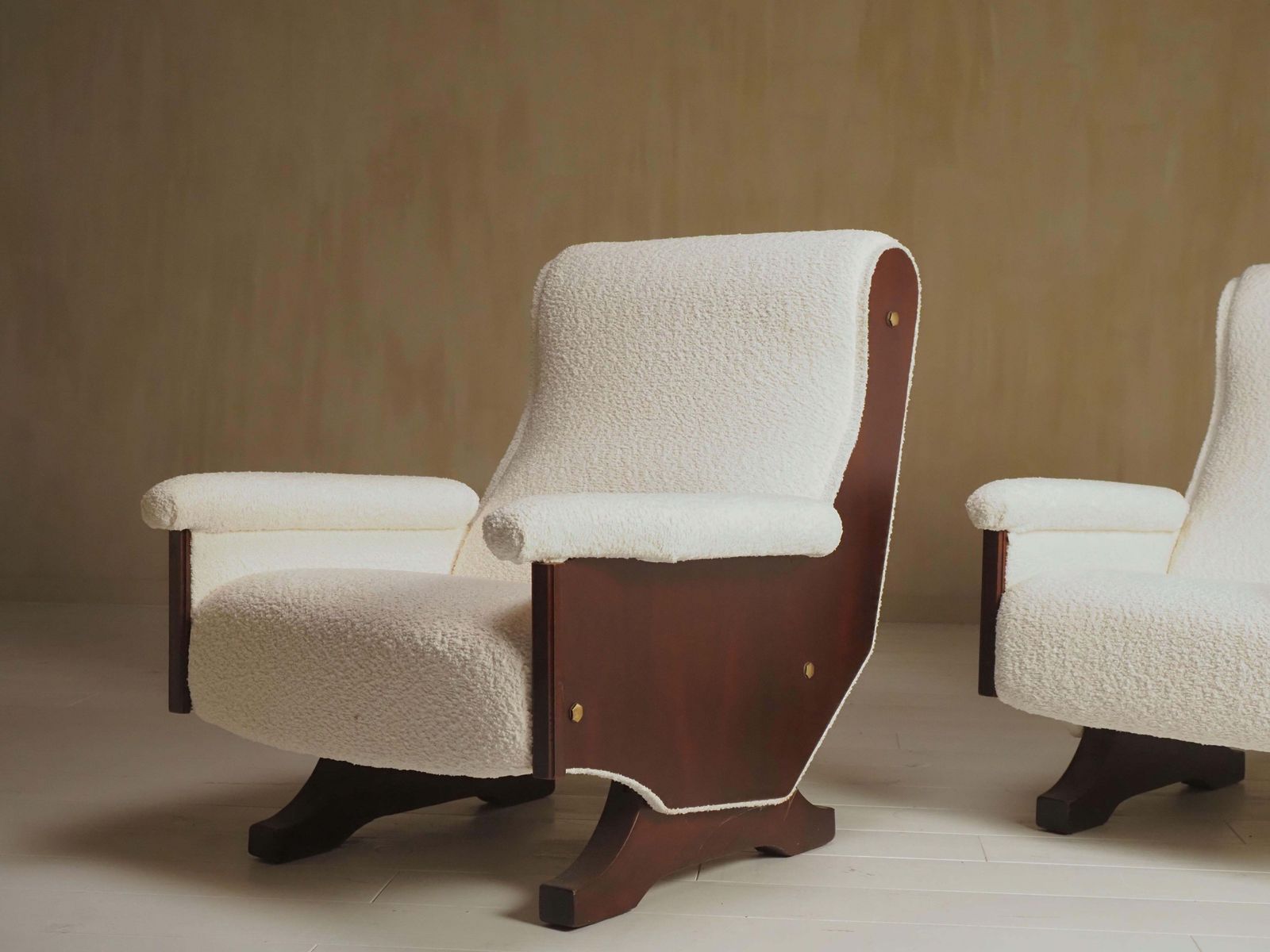 Pair Of Italian 1960's Modern Walnut & Boucle Armchairs photo for sale