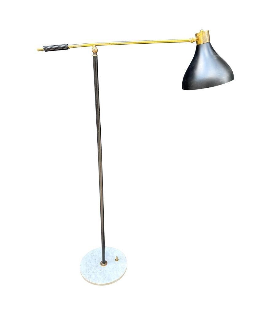 An Italian 1960s Black Enamel, Brass And Marble Adjustable Floor Lamp By Stilux