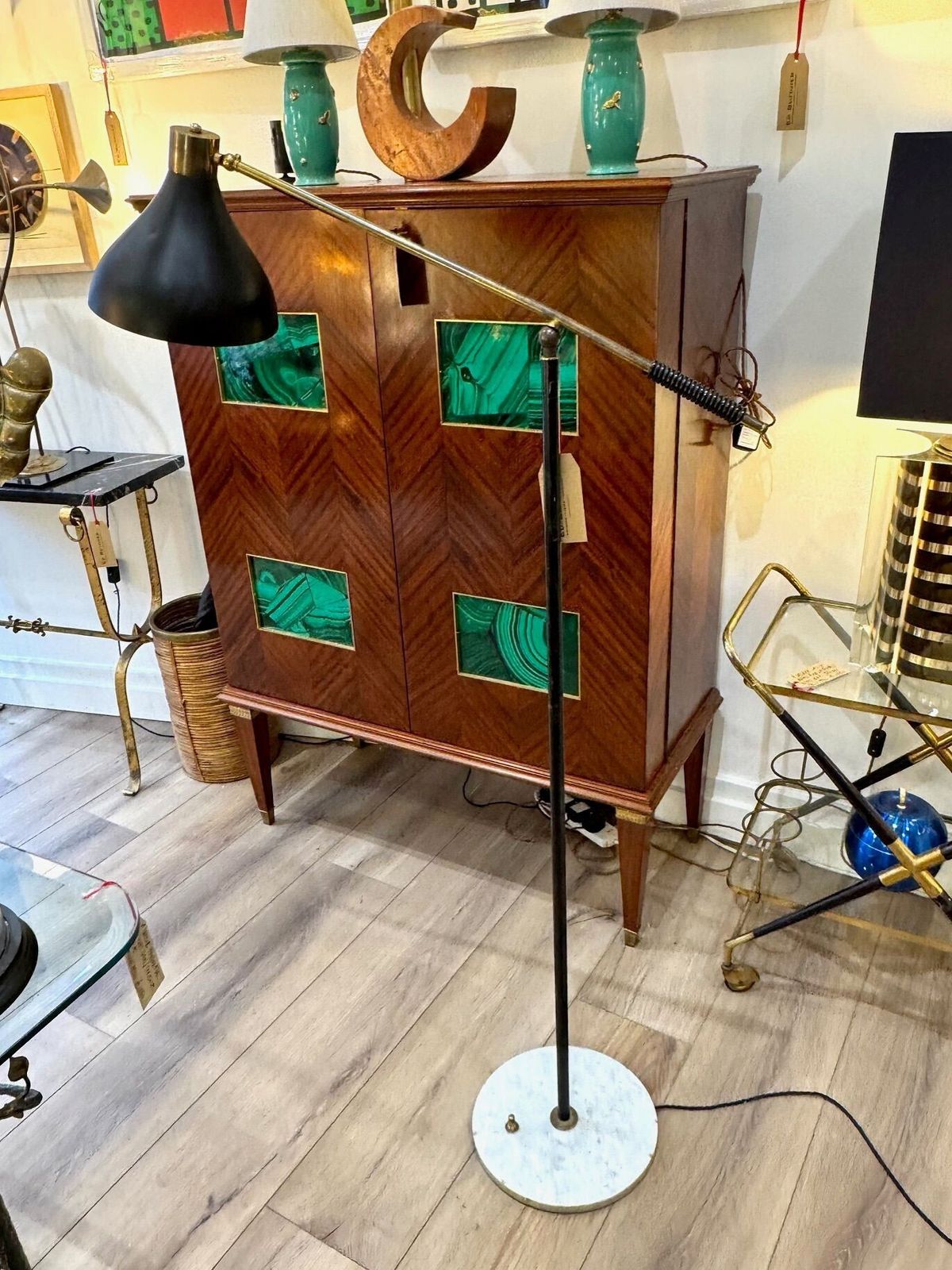 An Italian 1960s Black Enamel, Brass And Marble Adjustable Floor Lamp By Stilux photo furniture