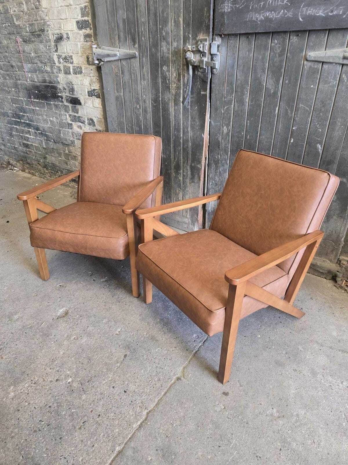 Pair Of Mid Century Retro Style Tan Brown Leatherette Armchairs Chairs photo for sale