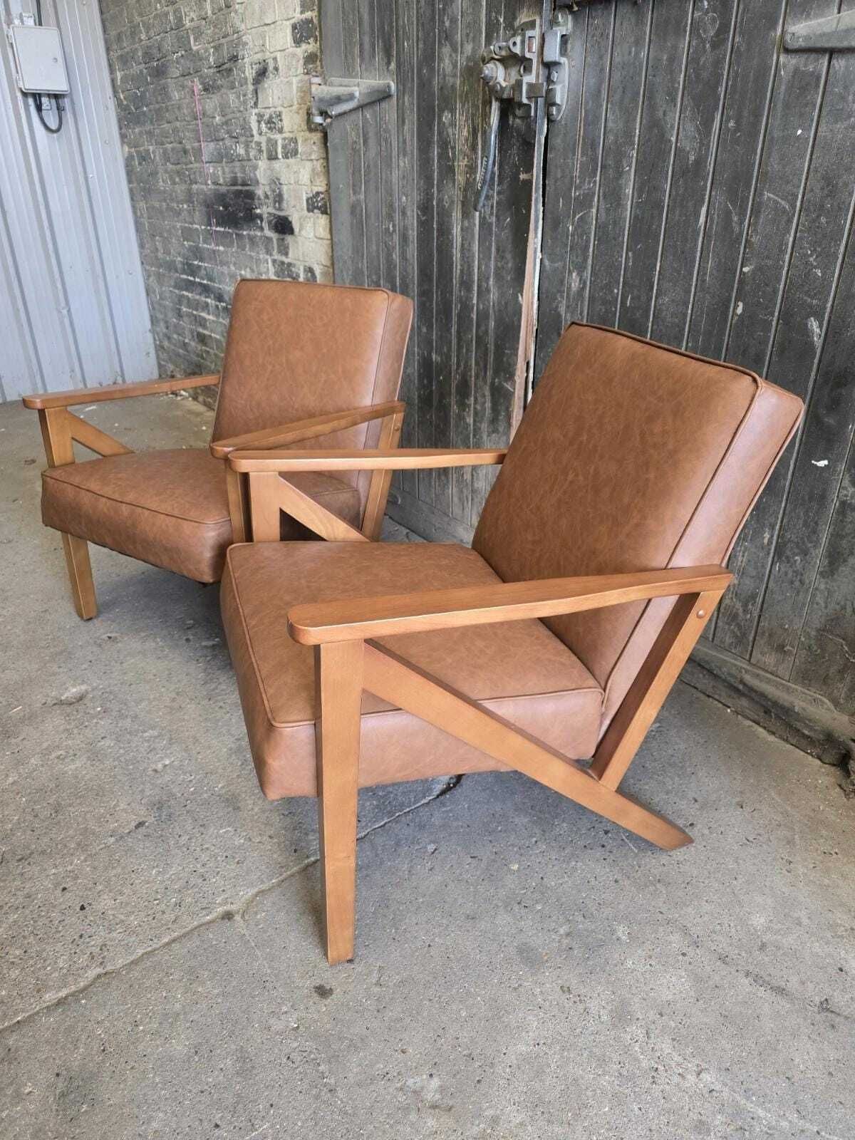 Pair Of Mid Century Retro Style Tan Brown Leatherette Armchairs Chairs photo Furniture