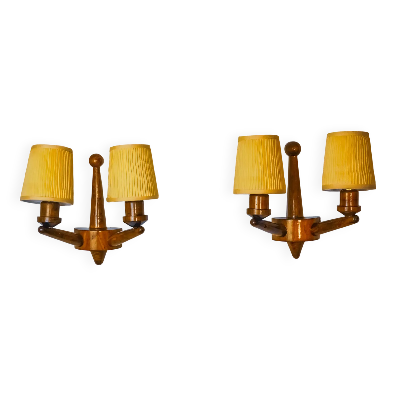 Pair Of Two Armed Art Deco "Ball" Wall Lights, Carved Wood, France, 1960