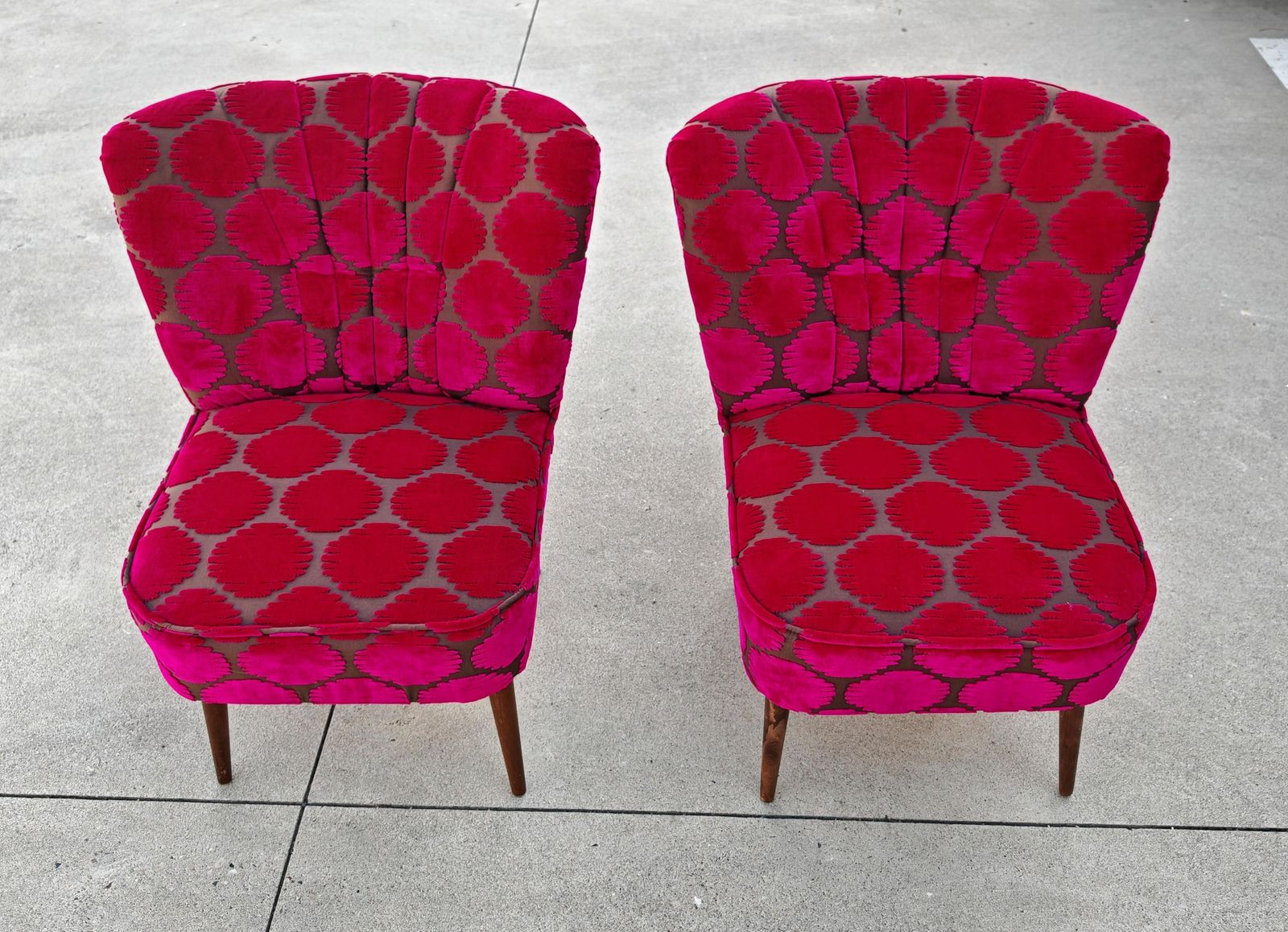 Mid Century Modern Shellback Cocktail Chairs Reupholstered In Polka Dot Plush photo vintage