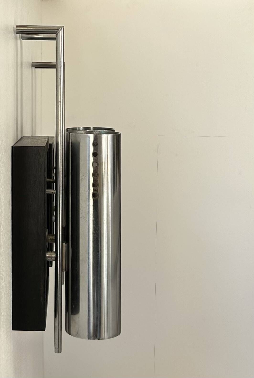 Pair Of Vintage Wall Lights, Chrome Plated Metal And Blackened Oak, France, 1970 photo furniture