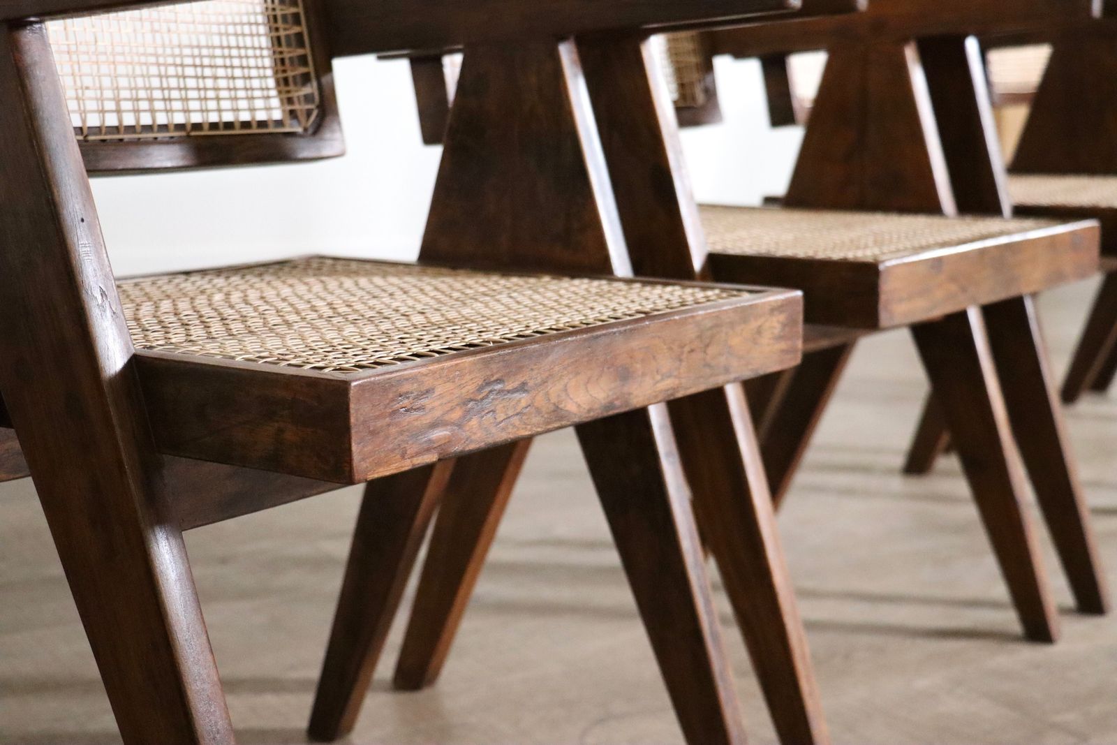 Set Of 8 Pierre Jeanneret Office Cane Chairs, India 1950s photo vinterior