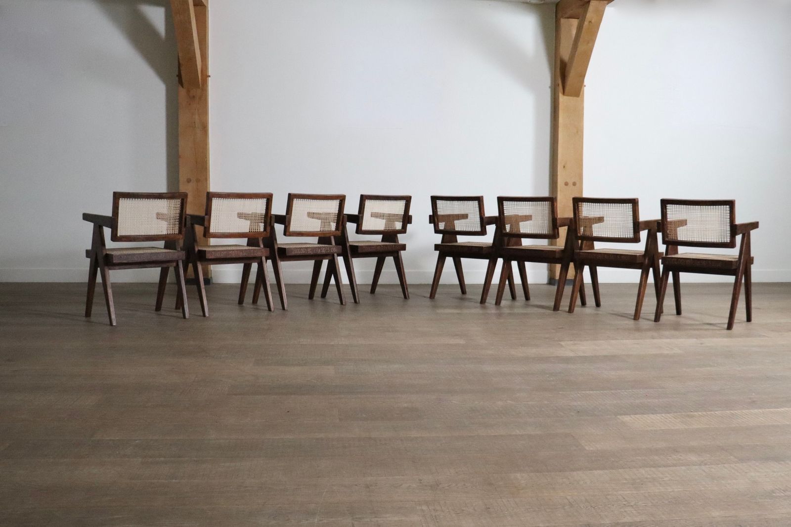 photo furniture Set Of 8 Pierre Jeanneret Office Cane Chairs, India 1950s