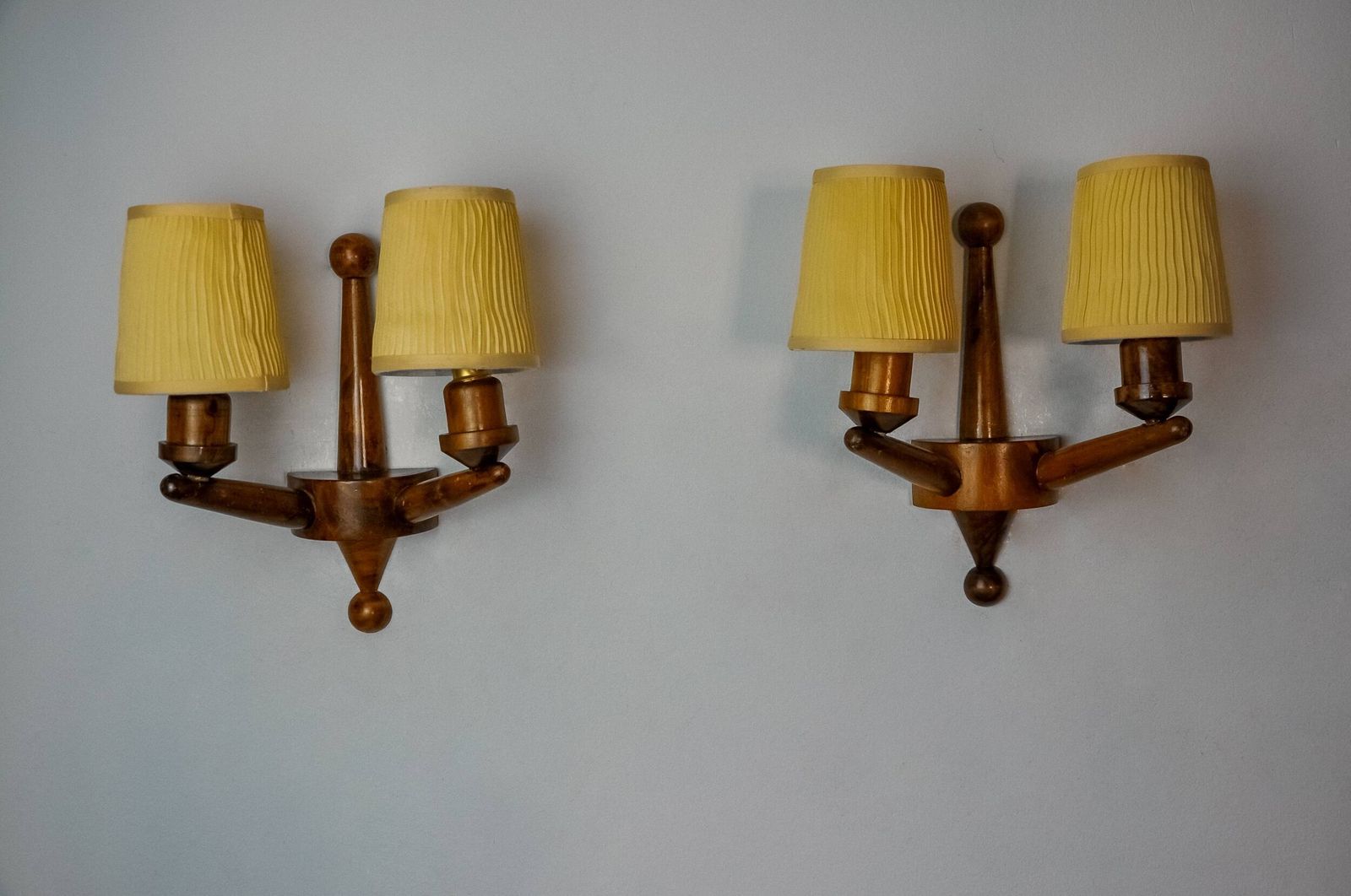 Pair Of Two Armed Art Deco Wall Lights, Carved Wood, France, 1960 photo vinterior