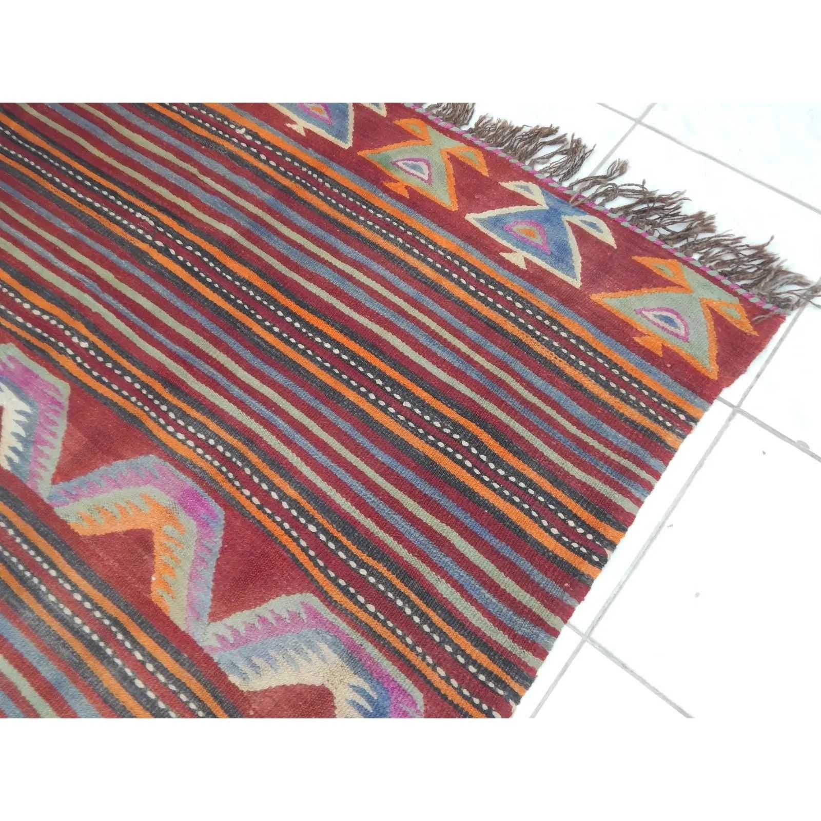 1960s Oversize Bohemian Striped Wool Kilim Rug 4'6" X 5'6" photo vinterior