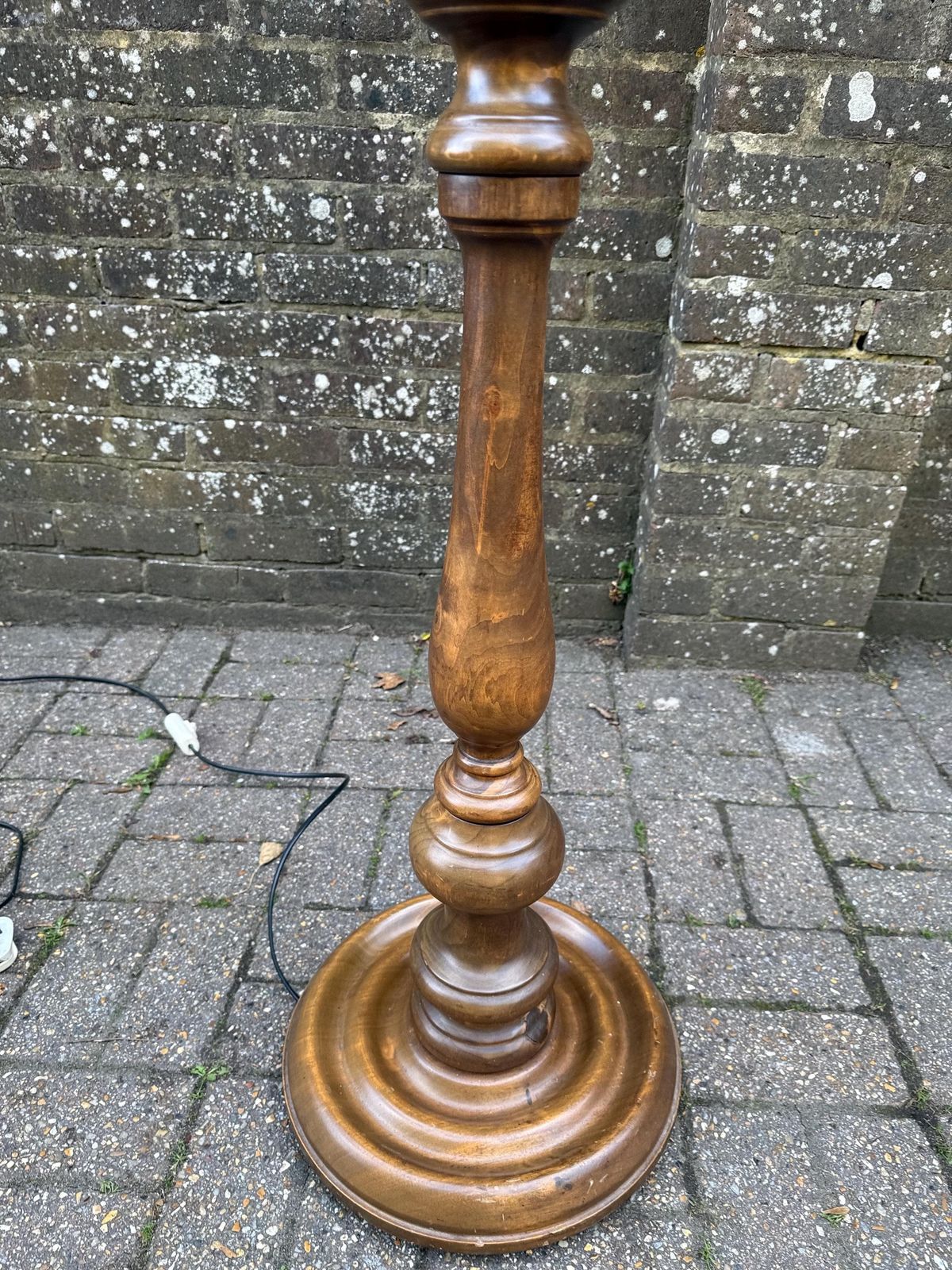 Vintage French Polished Walnut Standard Lamp With Ornate Fabric Tassel Shade – 1960s/70s Provincial Revival Floor Lamp photo vinterior