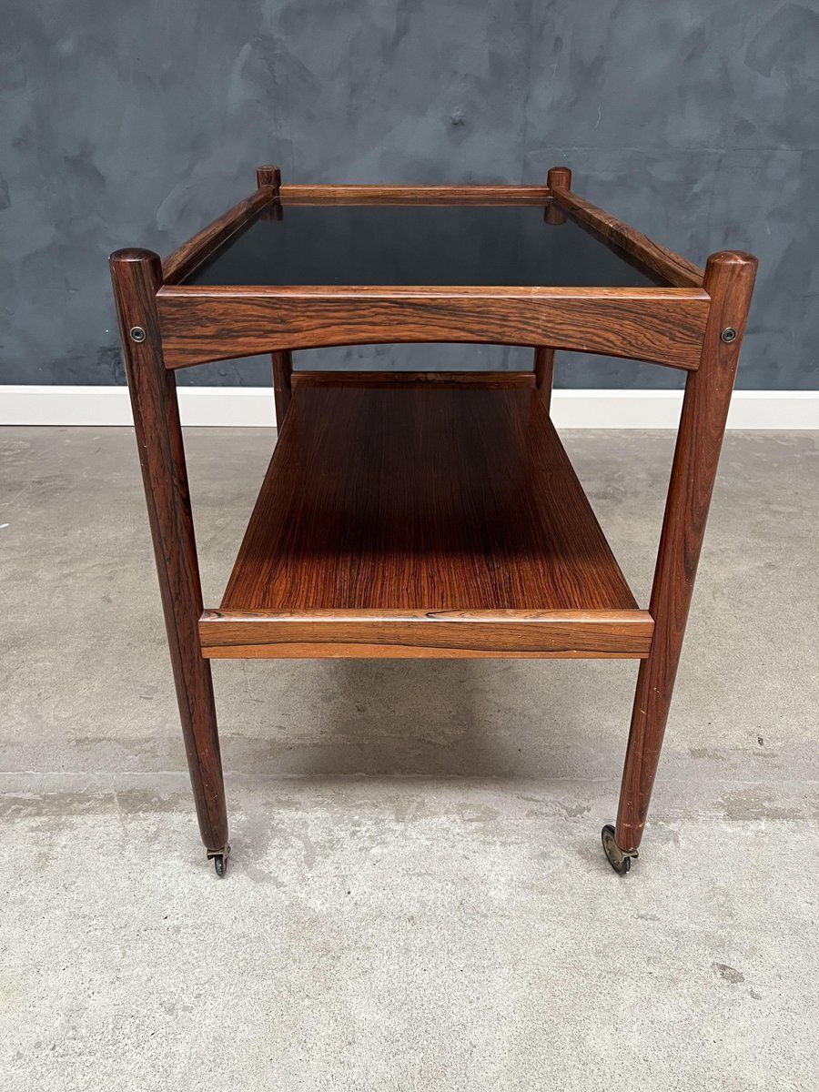 Rosewood Rolling Cart With Black Formica Top, 1960s photo for sale