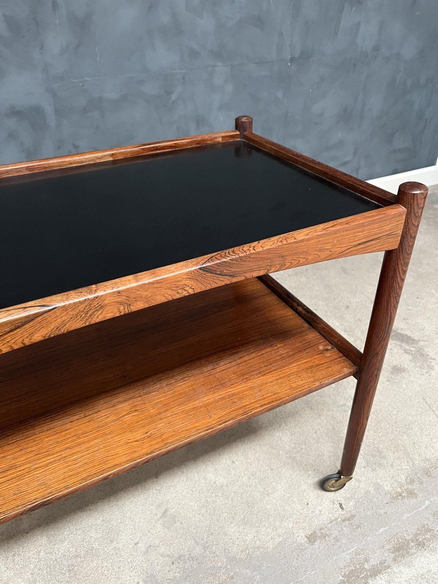 Rosewood Rolling Cart With Black Formica Top, 1960s photo vinterior
