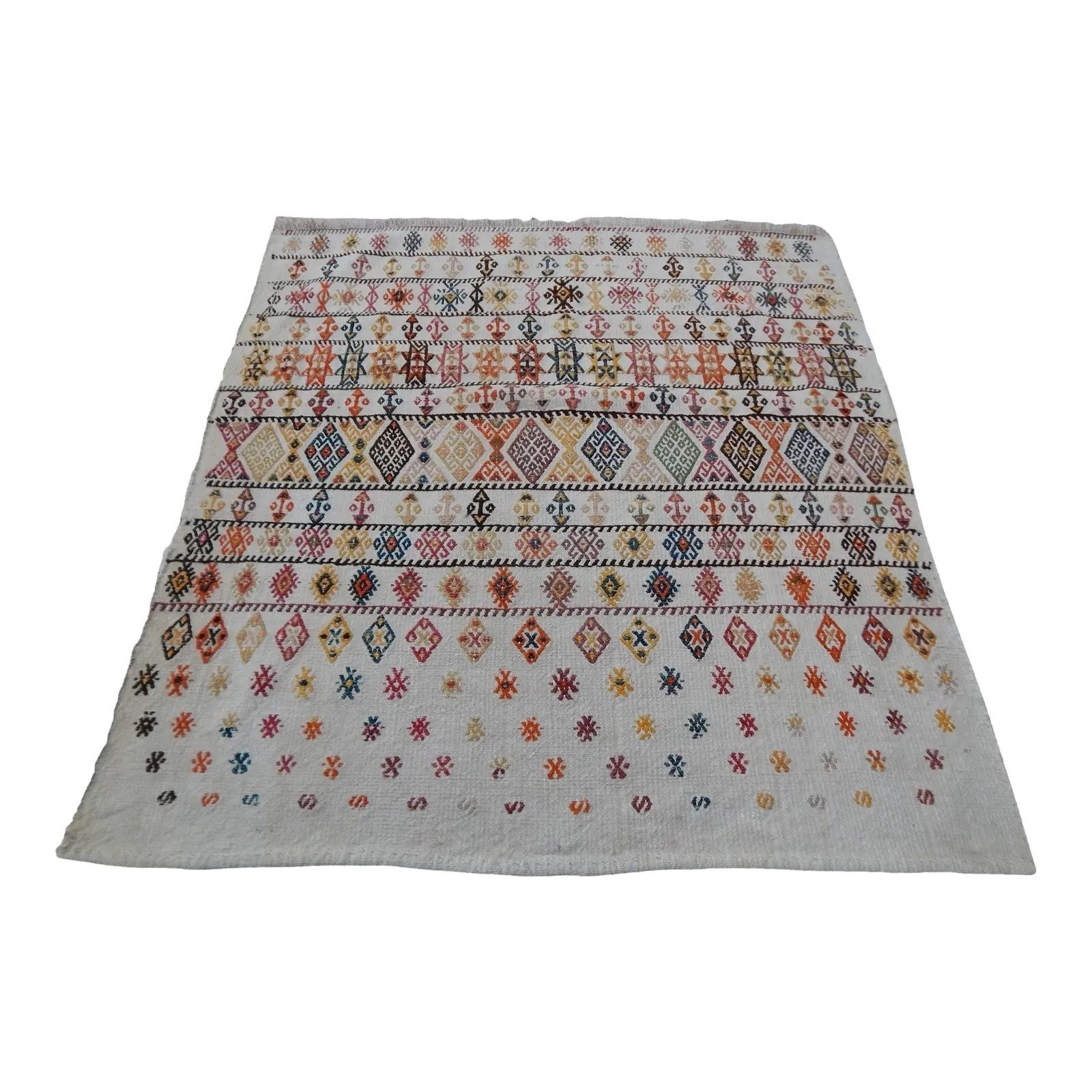 White Embroided Jajim Kilim Rug 3'1" X 3'3"