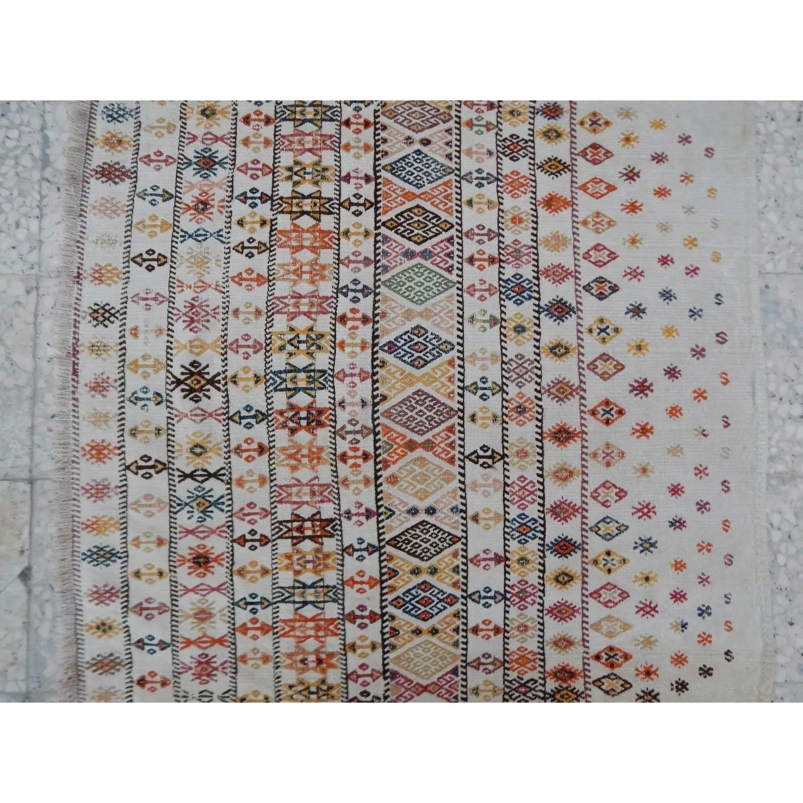 White Embroided Jajim Kilim Rug 3'1" X 3'3" photo for sale