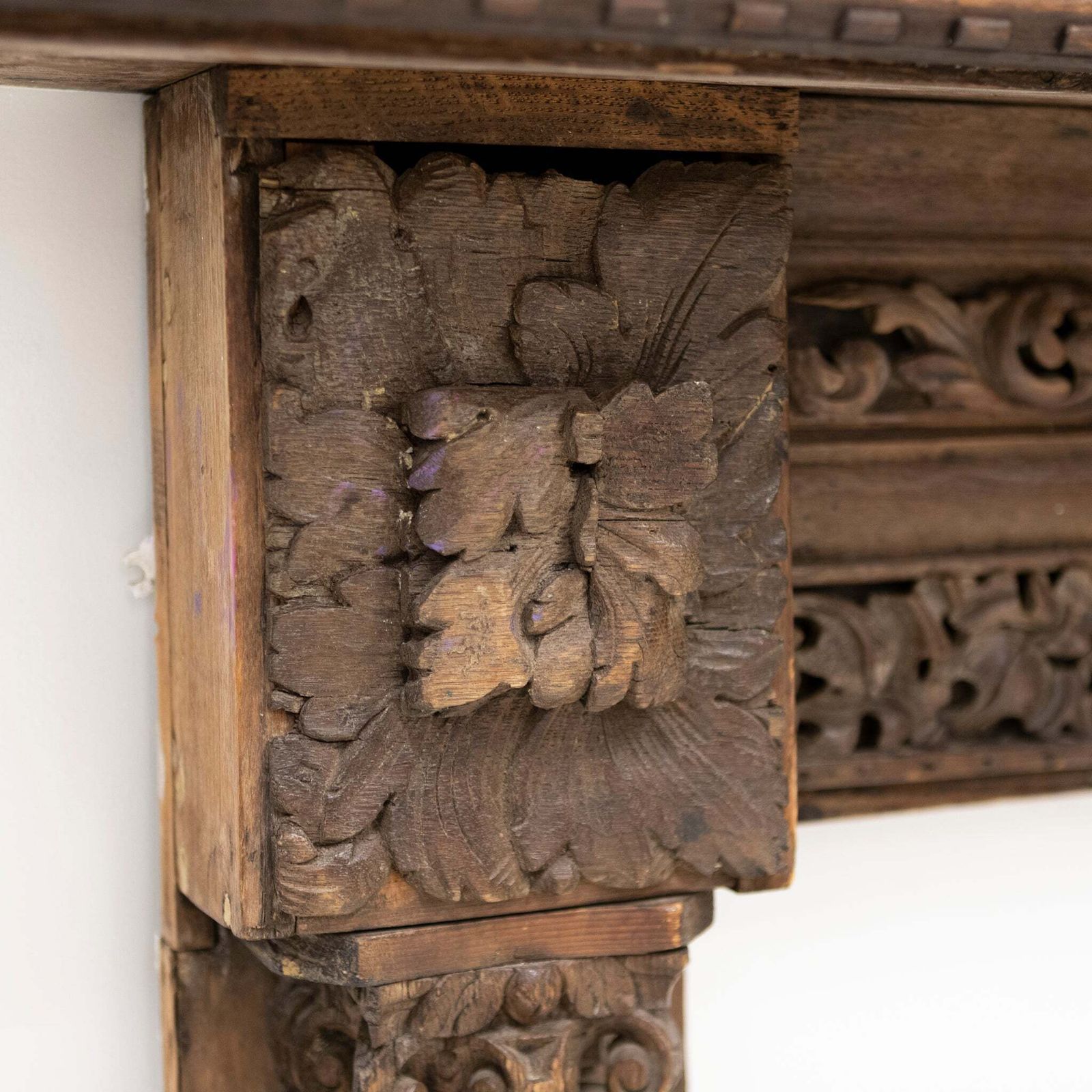 Antique Carved Oak & Pine Jacobean Style Fireplace Surround photo vinterior