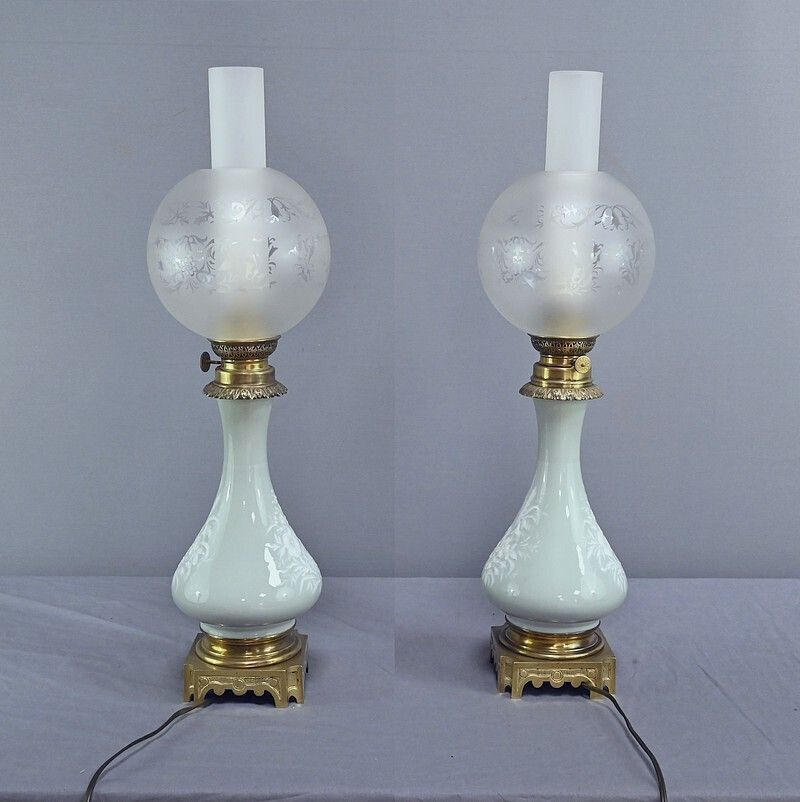photo vinterior Pair Of Electrified Celadon Oil Lamps, Napoleon III Period – Part 2 Of The 19th Century