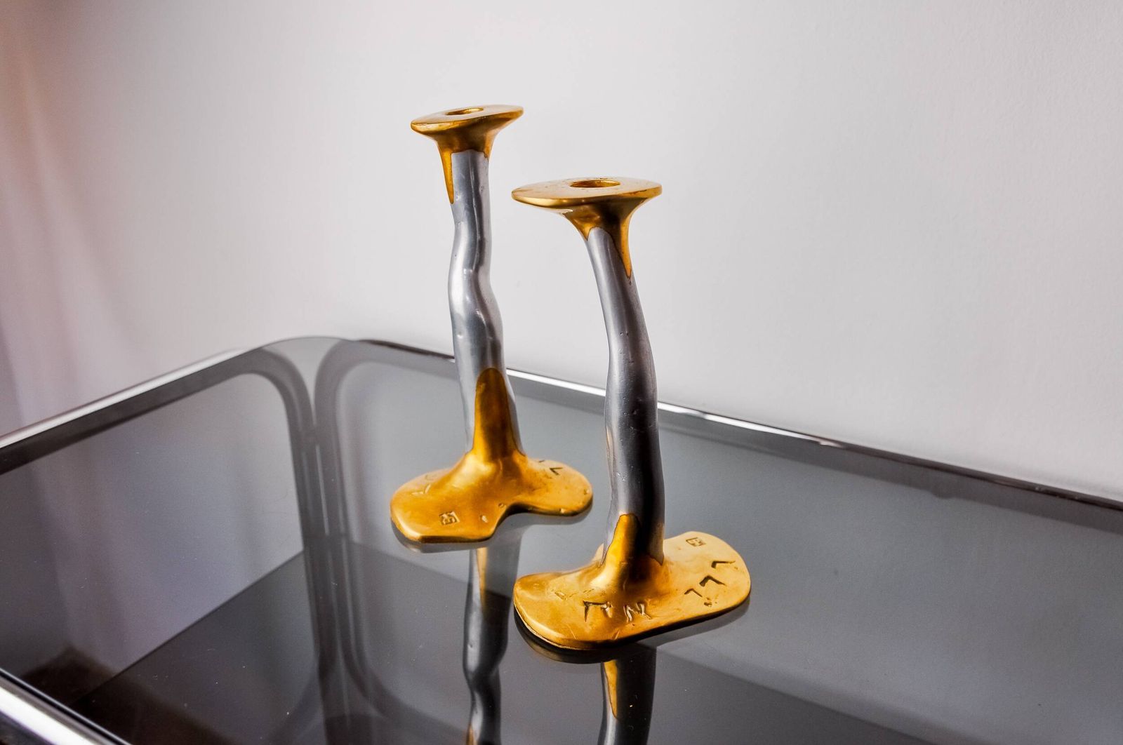 Pair Of Brutalist Bronze And Aluminum Candlesticks By David Marshall, Spain 1970 photo Home Decor
