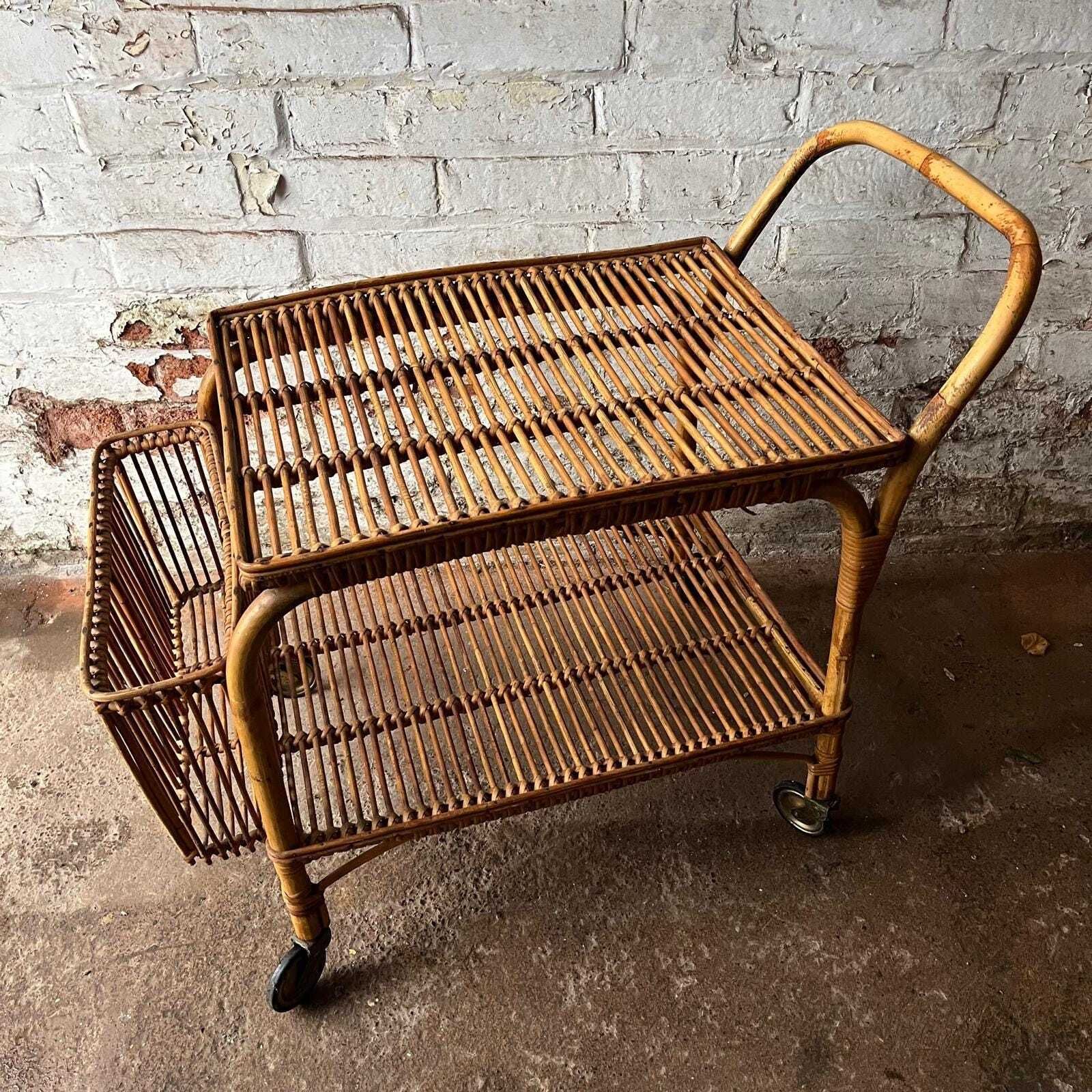 Italian Franco Albini 60s Bamboo And Rattan Drinks Trolley/ Serving Cart photo furniture