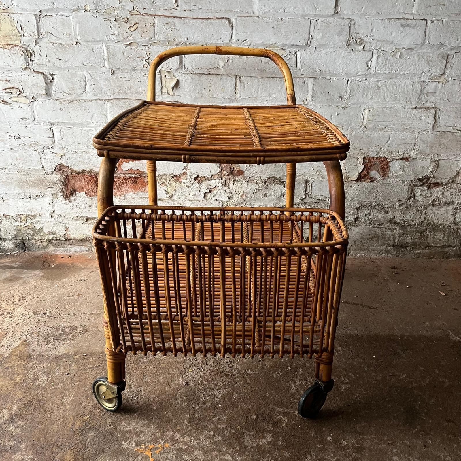 Italian Franco Albini 60s Bamboo And Rattan Drinks Trolley/ Serving Cart photo for sale