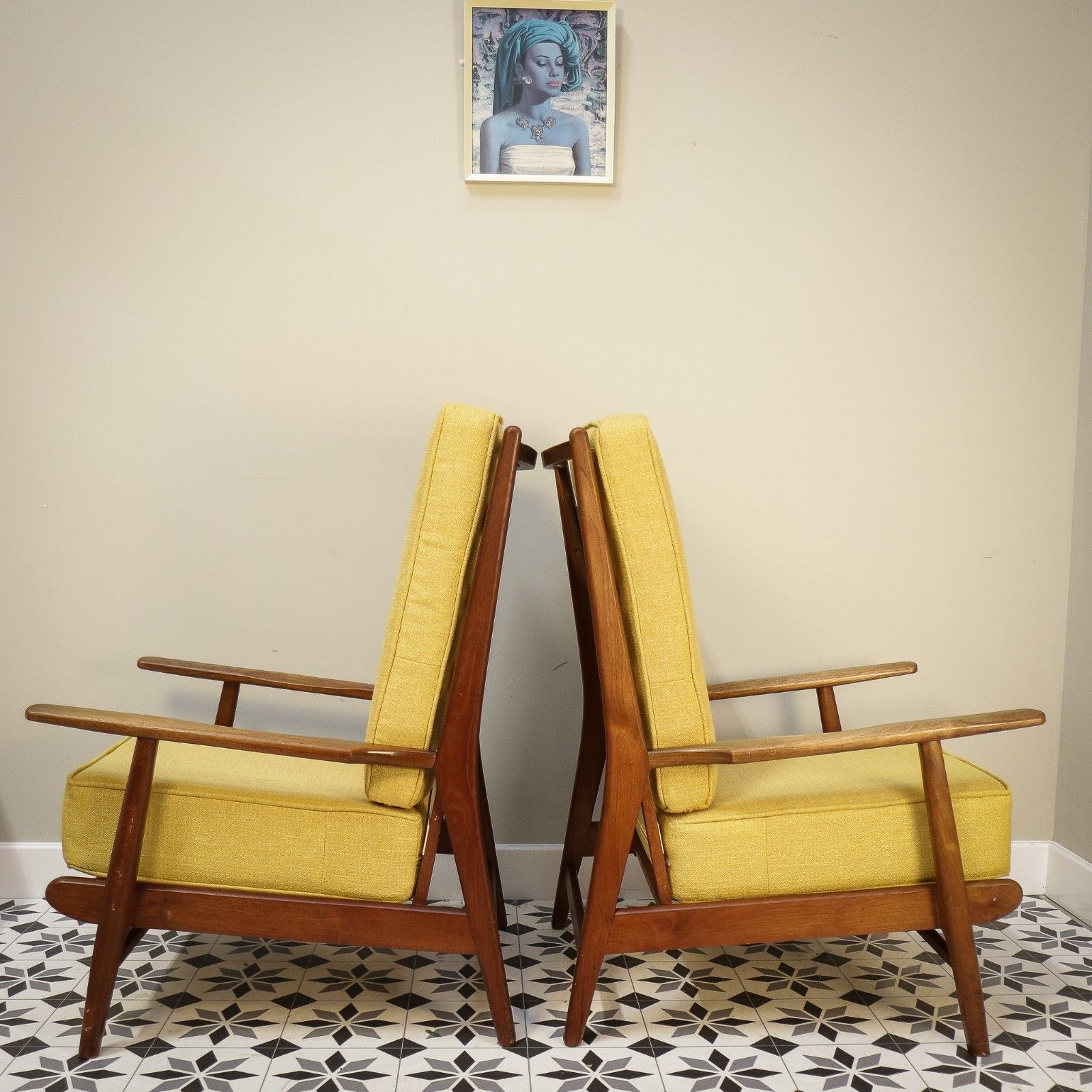 A Pair Of Teak Mid Century Retro Danish Style Fireside Arm Chairs In Yellow photo 1375.0