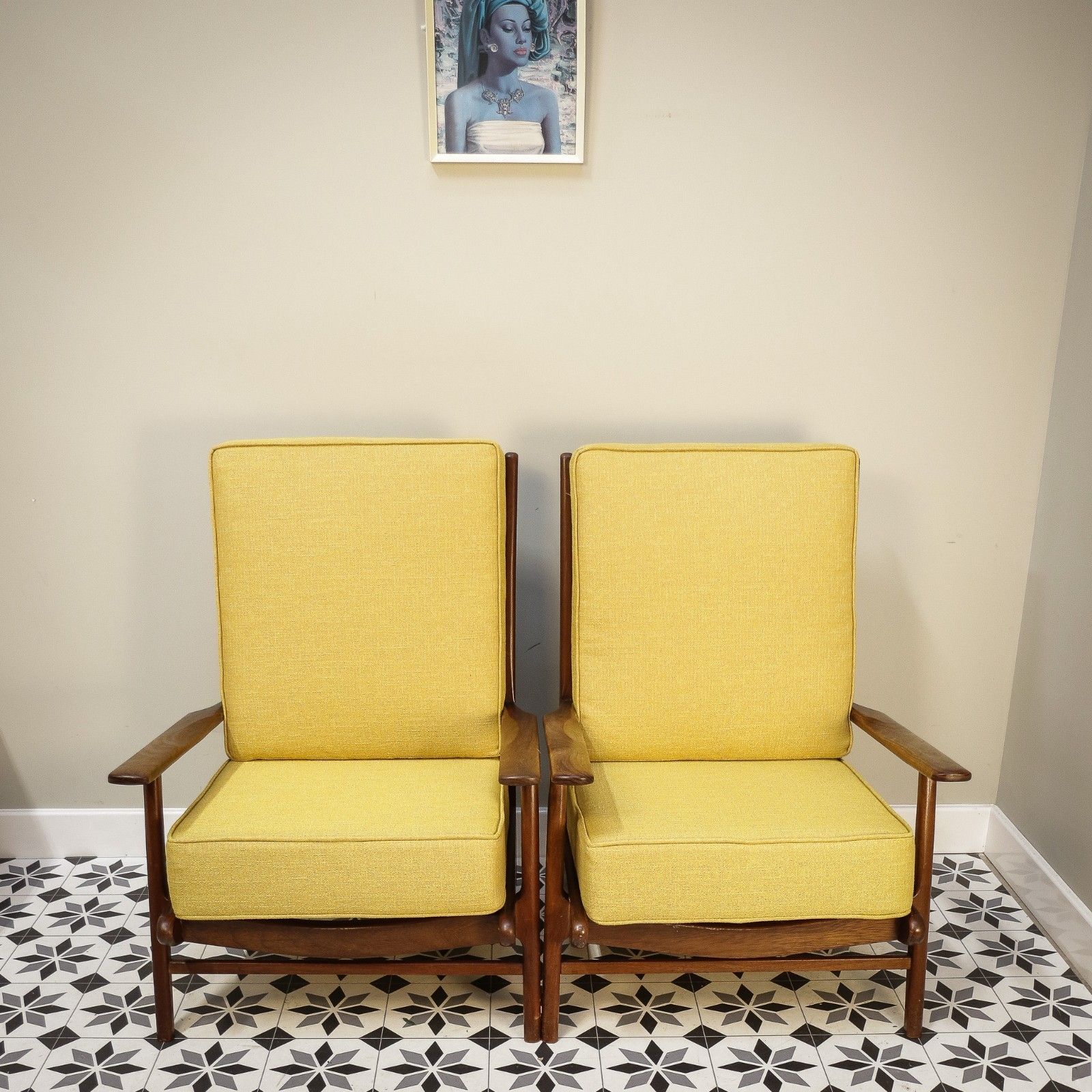 A Pair Of Teak Mid Century Retro Danish Style Fireside Arm Chairs In Yellow photo vintage