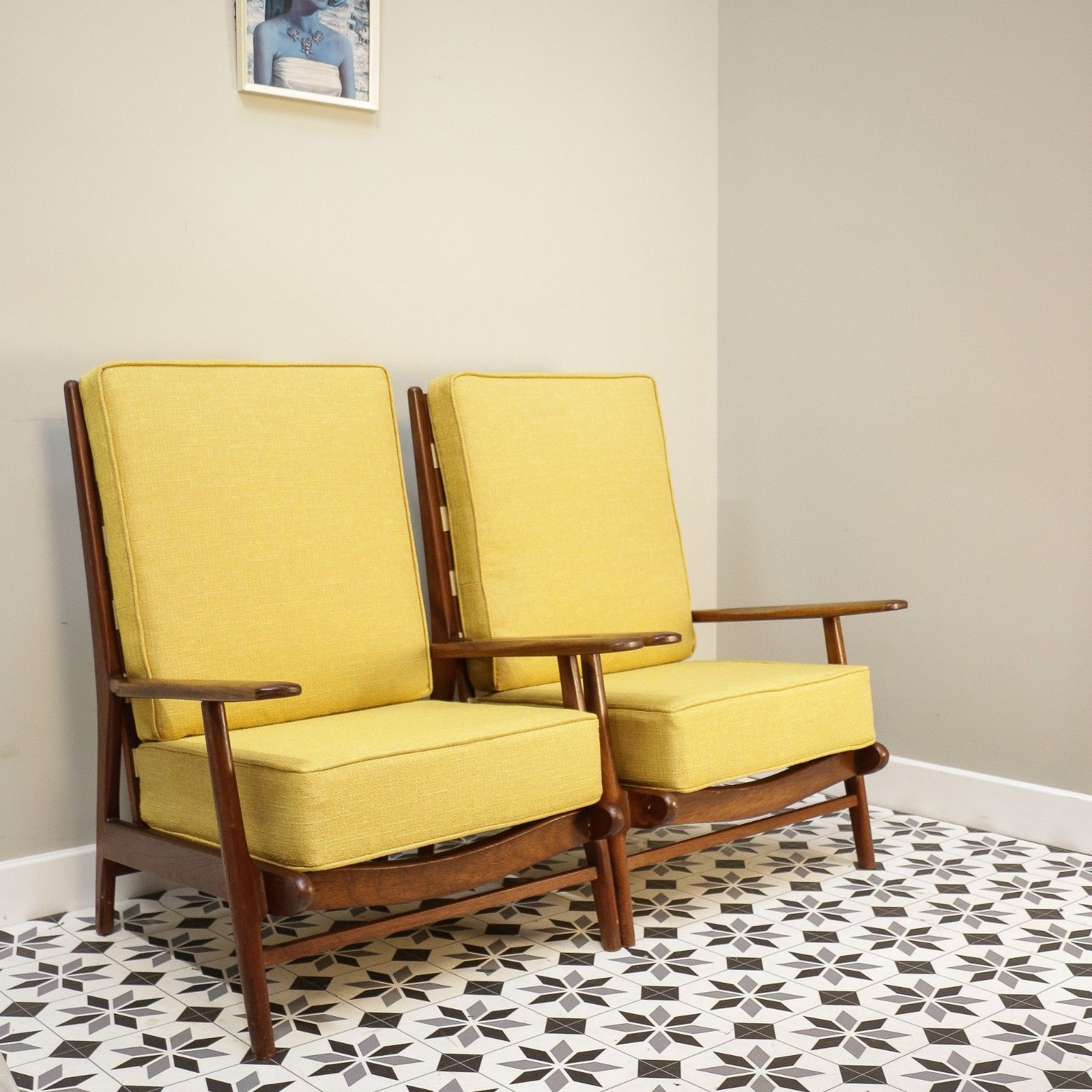 photo furniture A Pair Of Teak Mid Century Retro Danish Style Fireside Arm Chairs In Yellow