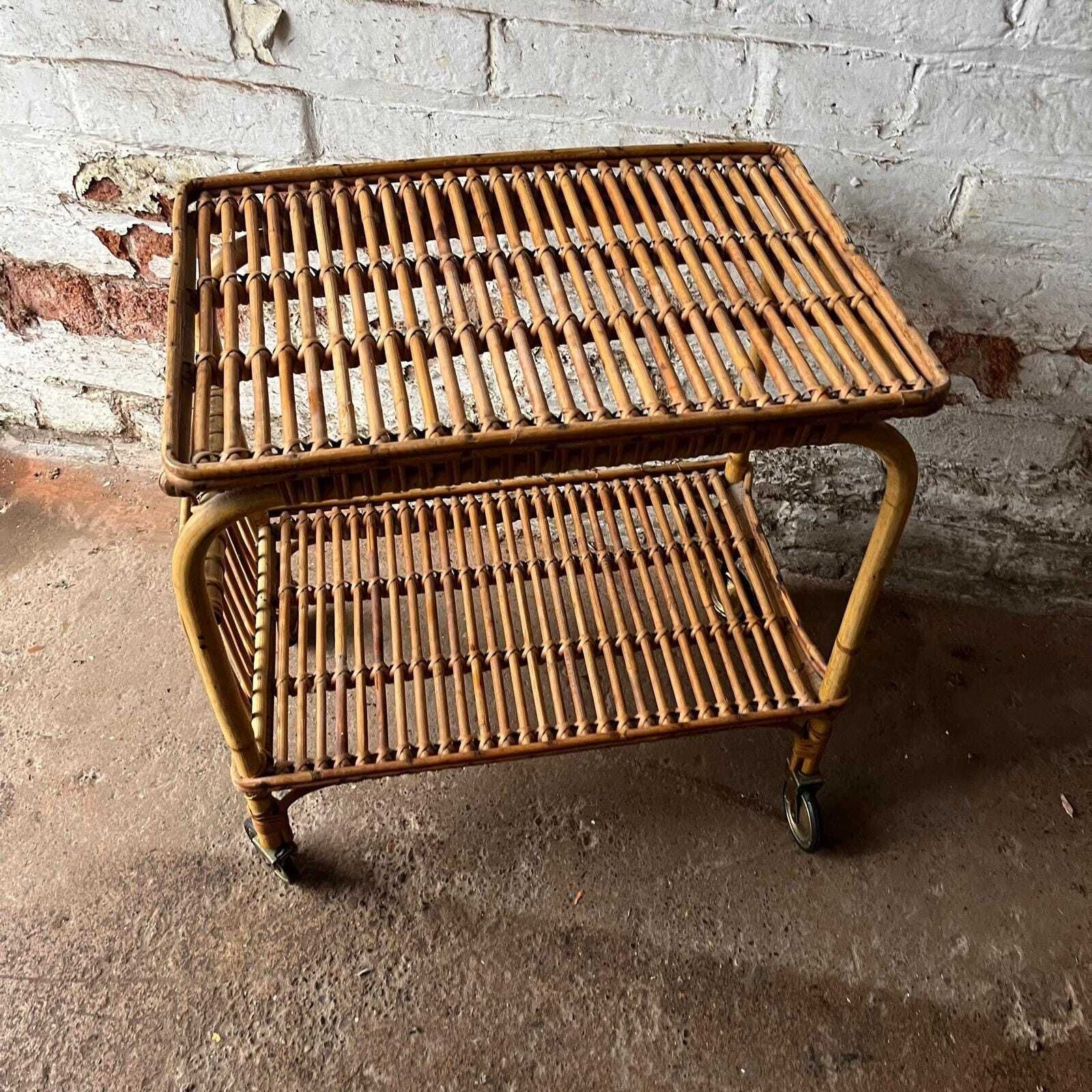 Italian Franco Albini 60s Bamboo And Rattan Side Table With Wheels photo for sale