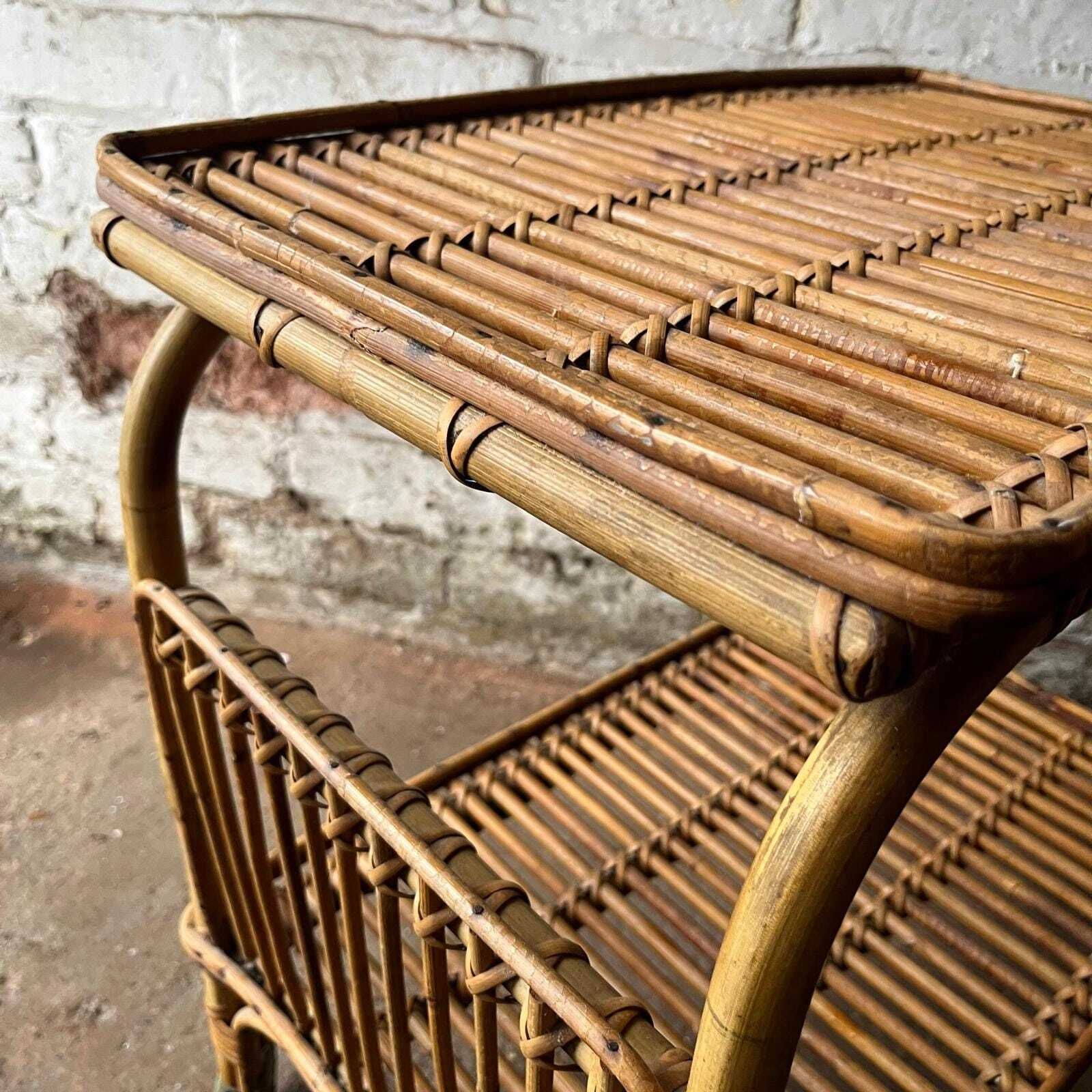 Italian Franco Albini 60s Bamboo And Rattan Side Table With Wheels photo vinterior