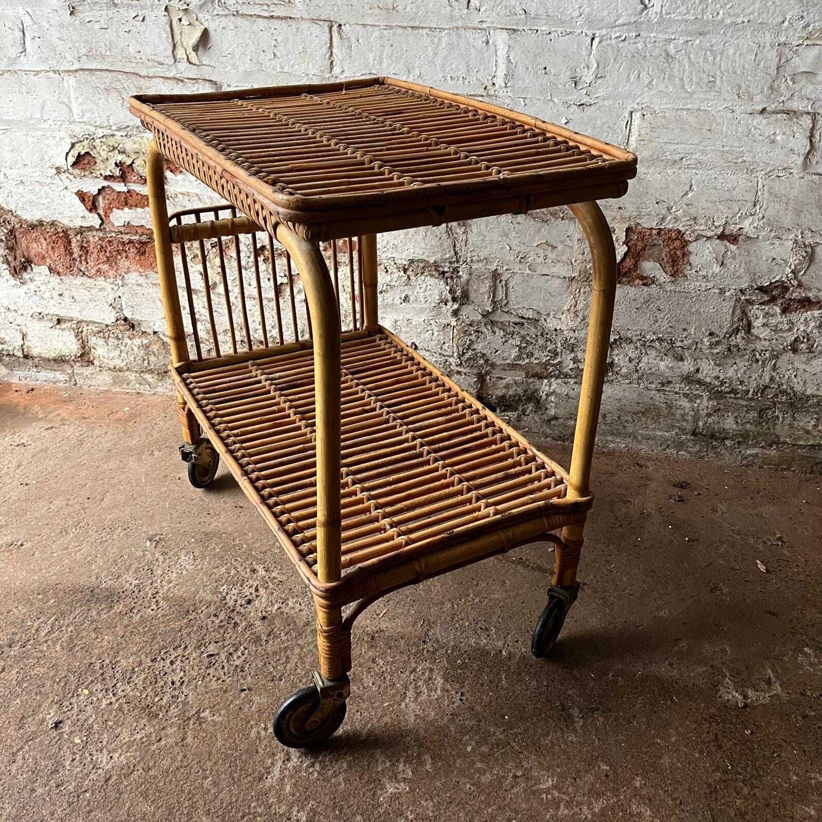 photo furniture Italian Franco Albini 60s Bamboo And Rattan Side Table With Wheels