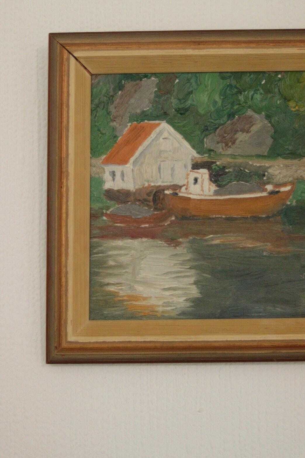 Original  European Oil On Canvas — House By The Lake – Vintage & Framed | 28 × 25 Cm (11" × 9.8", Incl. Frame) photo for sale