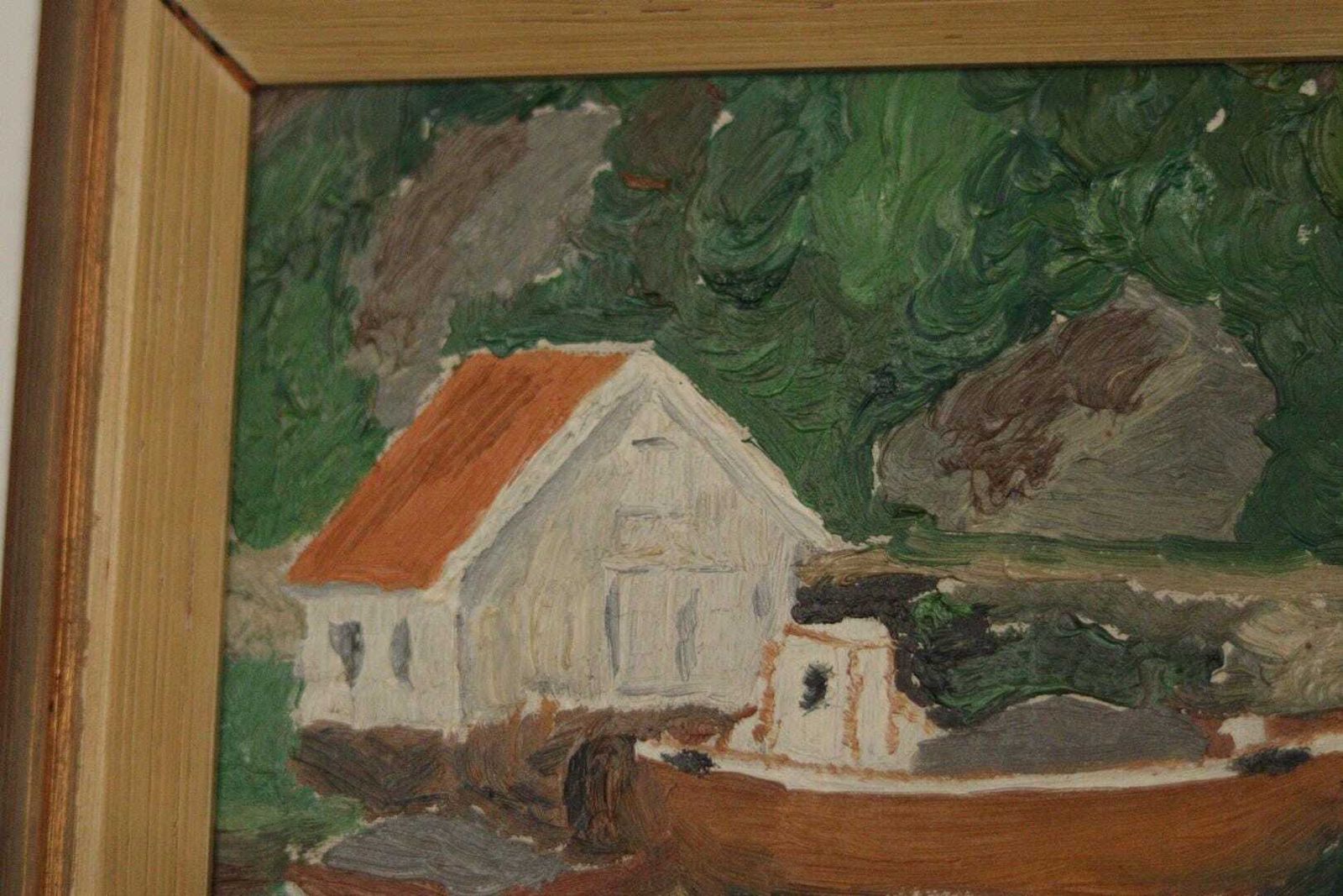 Original  European Oil On Canvas — House By The Lake – Vintage & Framed | 28 × 25 Cm (11" × 9.8", Incl. Frame) photo vintage