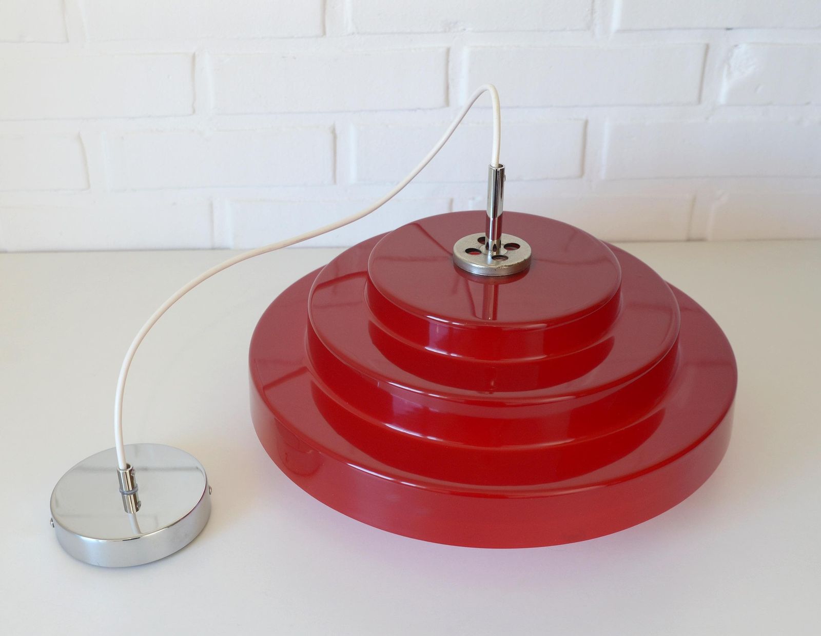 Vintage Scandinavian Design / Hanging Lamp / Red Plastic Pendant Light / Mid Century Modern / Space Age Style / Retro Lamp / Yugoslavia 70s photo vintage