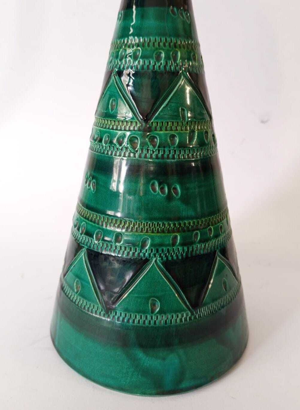 Ars Italica Bitossi Green Ceramic Cone Totem Vase, Vintage Mid Century Design photo vinterior