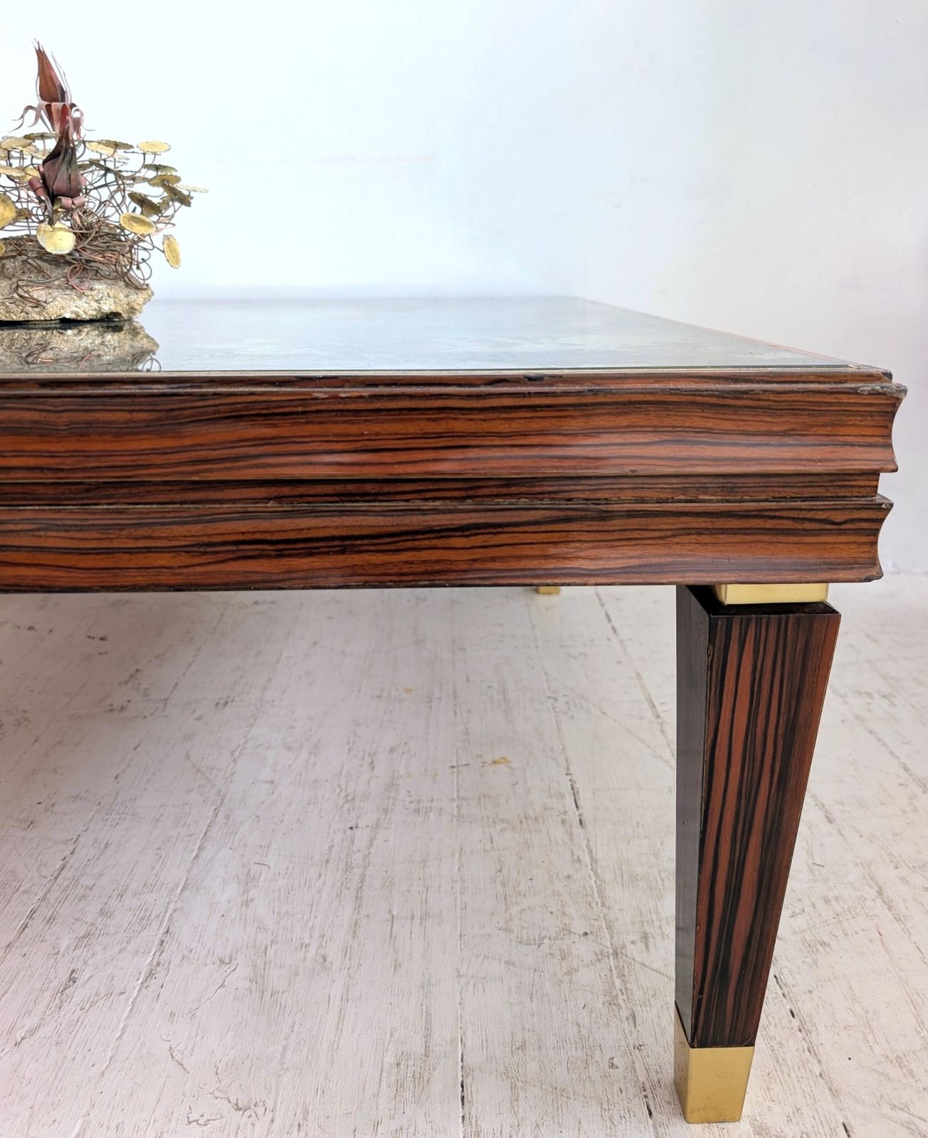 Large Vintage Mid Century Macassar Coffee Table, Eglomise Glass Top, Italy 1970s photo vintage