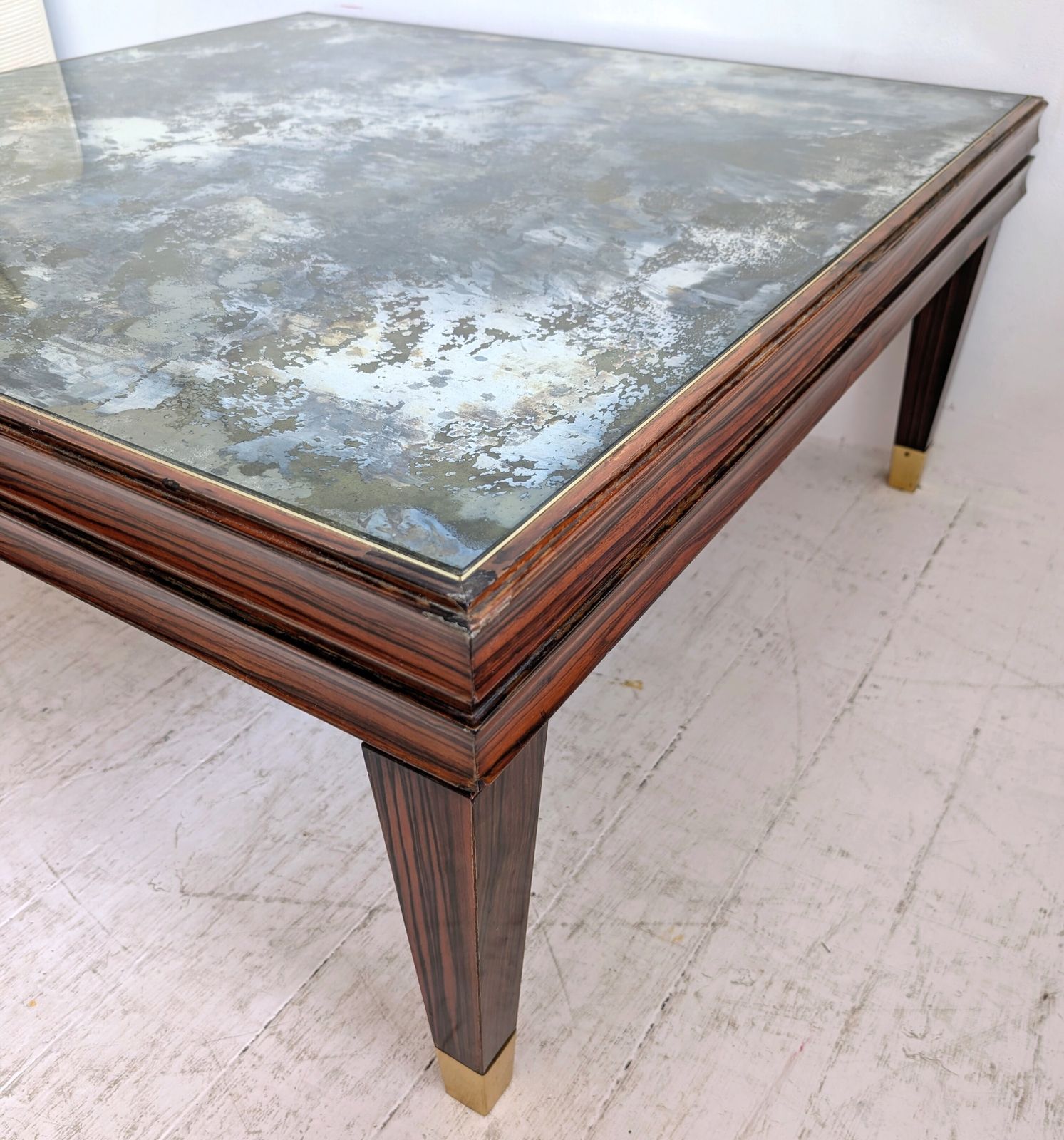 photo for sale Large Vintage Mid Century Macassar Coffee Table, Eglomise Glass Top, Italy 1970s