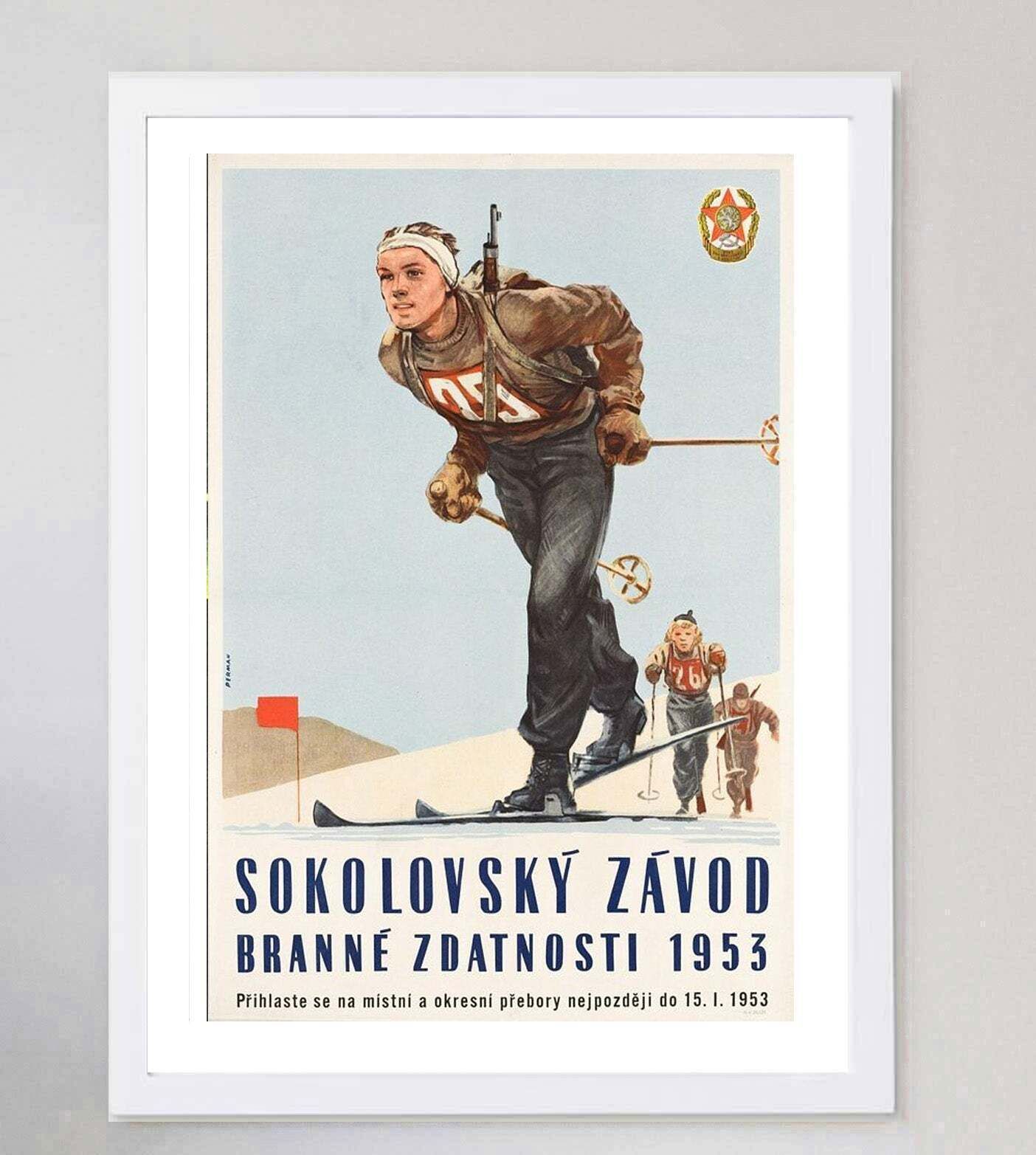 1953 Sokolovský Závod Winter Biathlon Hungary Original Vintage Poster photo for sale