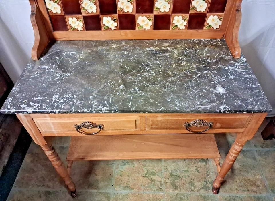 Antique Wash Stand With Marble Top And A Tarnished Mirror On Castors photo furniture