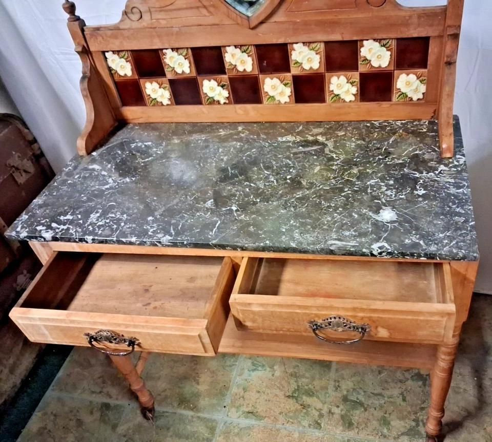 Antique Wash Stand With Marble Top And A Tarnished Mirror On Castors photo Furniture